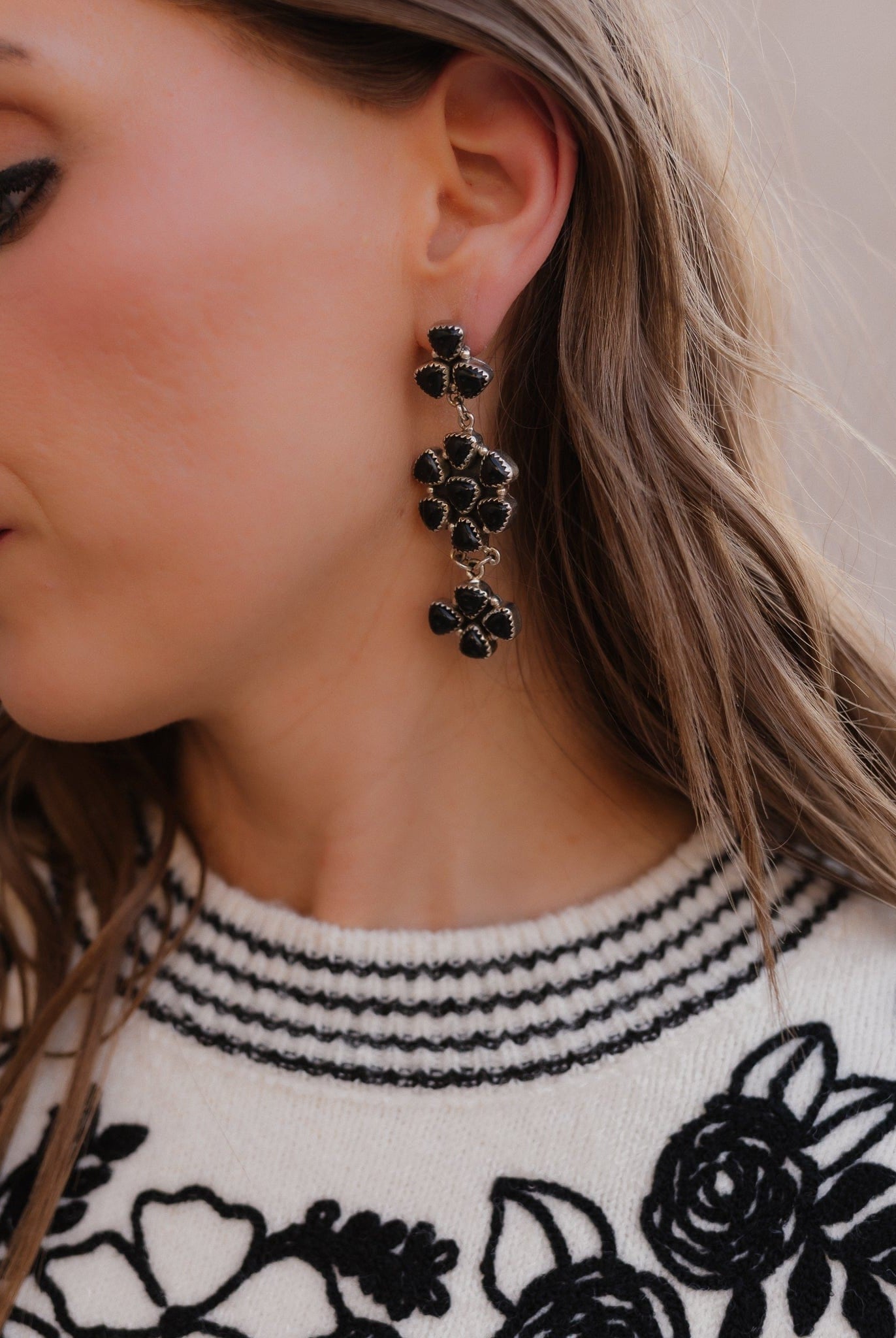 Roxane Black Onyx Dangle Drop Cluster Earrings | MADE TO ORDER-Earrings-Krush Kandy, Women's Online Fashion Boutique Located in Phoenix, Arizona (Scottsdale Area)