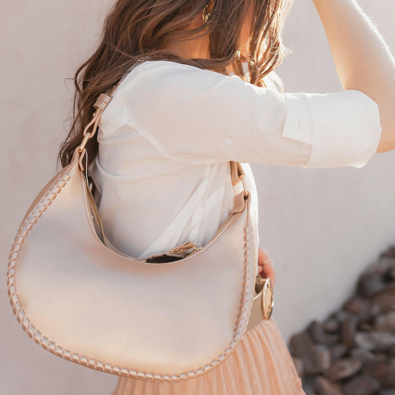 Aria Whipstitch Crescent Shoulder Bag-handbags-Krush Kandy, Women's Online Fashion Boutique Located in Phoenix, Arizona (Scottsdale Area)
