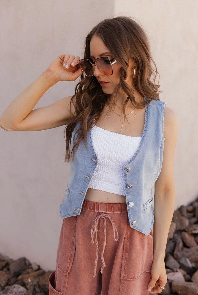 Blue Jean Baby V-Neck Denim Vest-Tops-Krush Kandy, Women's Online Fashion Boutique Located in Phoenix, Arizona (Scottsdale Area)