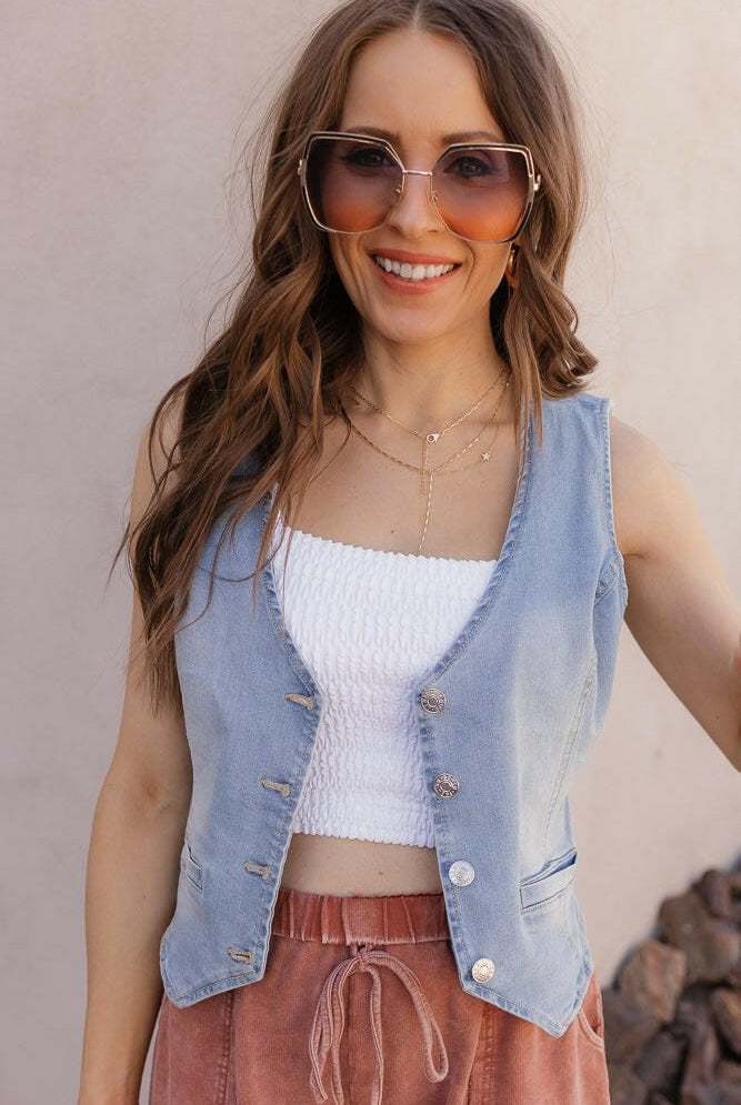 Blue Jean Baby V-Neck Denim Vest-Tops-Krush Kandy, Women's Online Fashion Boutique Located in Phoenix, Arizona (Scottsdale Area)