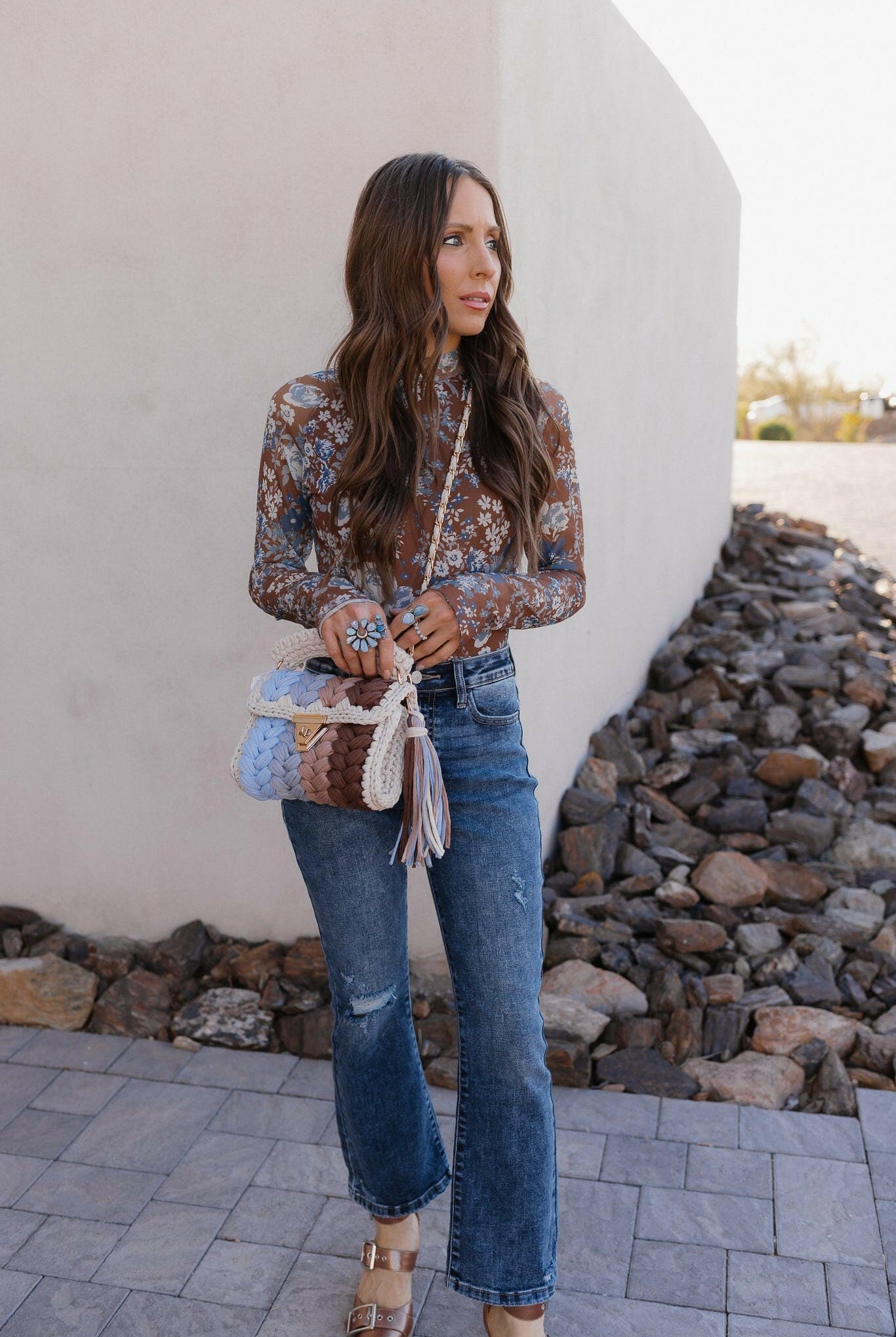 Pretty In Blue Bloom Mesh Long Sleeve Top-Tops-Krush Kandy, Women's Online Fashion Boutique Located in Phoenix, Arizona (Scottsdale Area)