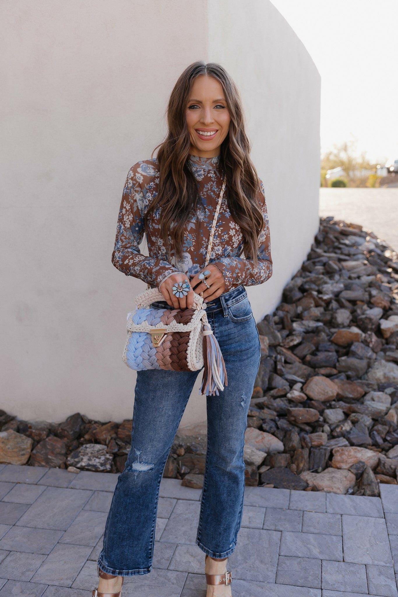 Pretty In Blue Bloom Mesh Long Sleeve Top-Tops-Krush Kandy, Women's Online Fashion Boutique Located in Phoenix, Arizona (Scottsdale Area)
