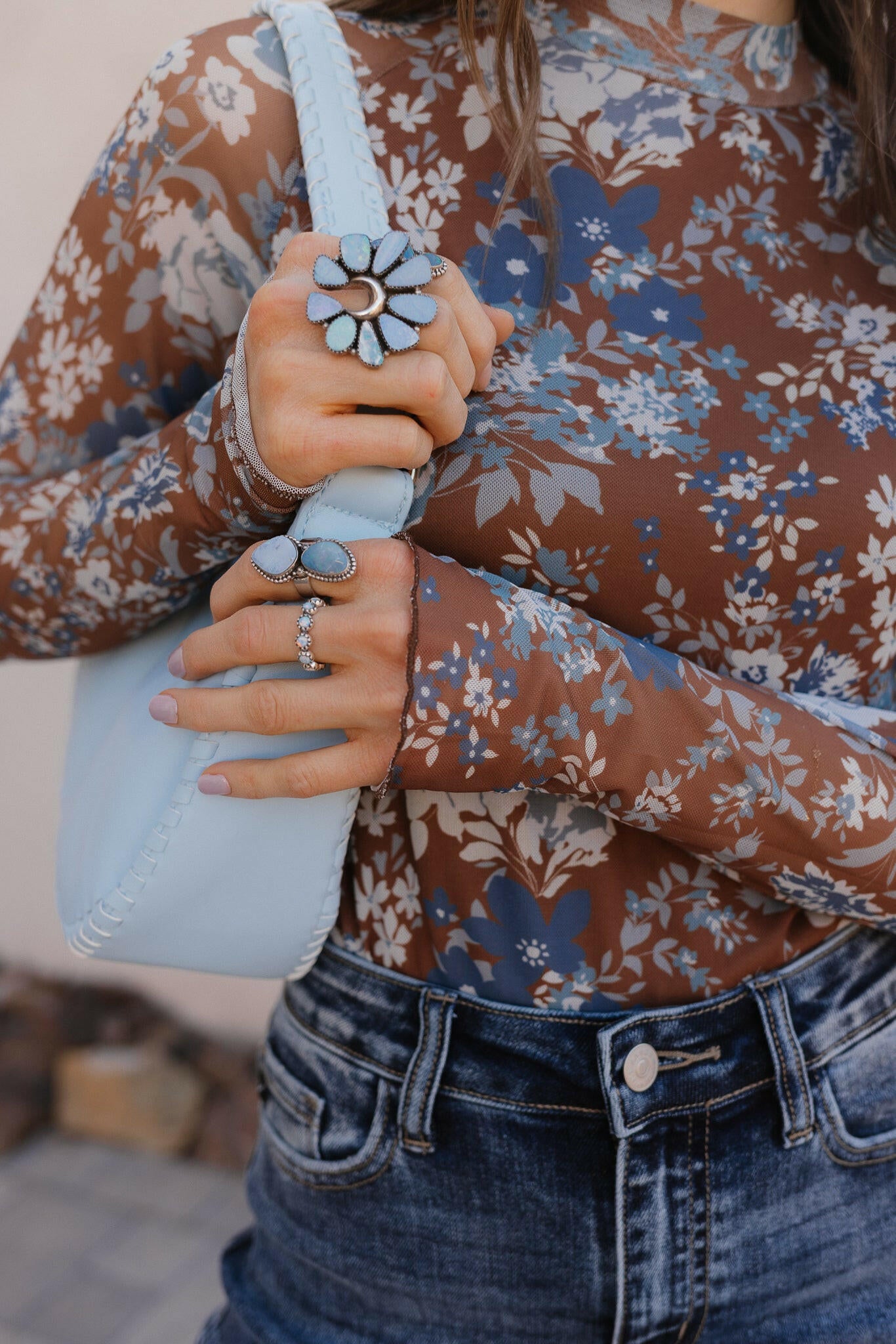 Pretty In Blue Bloom Mesh Long Sleeve Top-Tops-Krush Kandy, Women's Online Fashion Boutique Located in Phoenix, Arizona (Scottsdale Area)