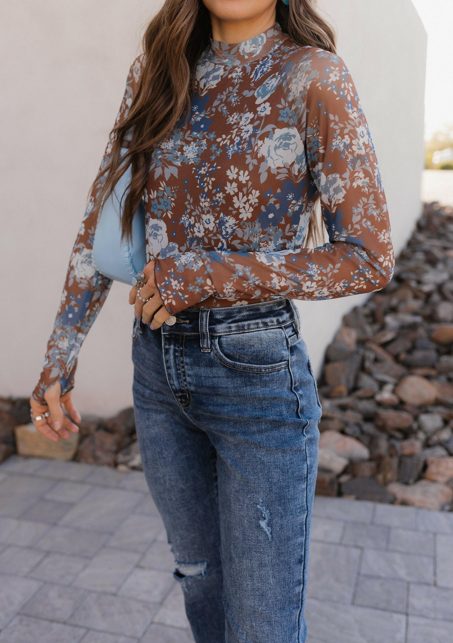Pretty In Blue Bloom Mesh Long Sleeve Top-Tops-Krush Kandy, Women's Online Fashion Boutique Located in Phoenix, Arizona (Scottsdale Area)
