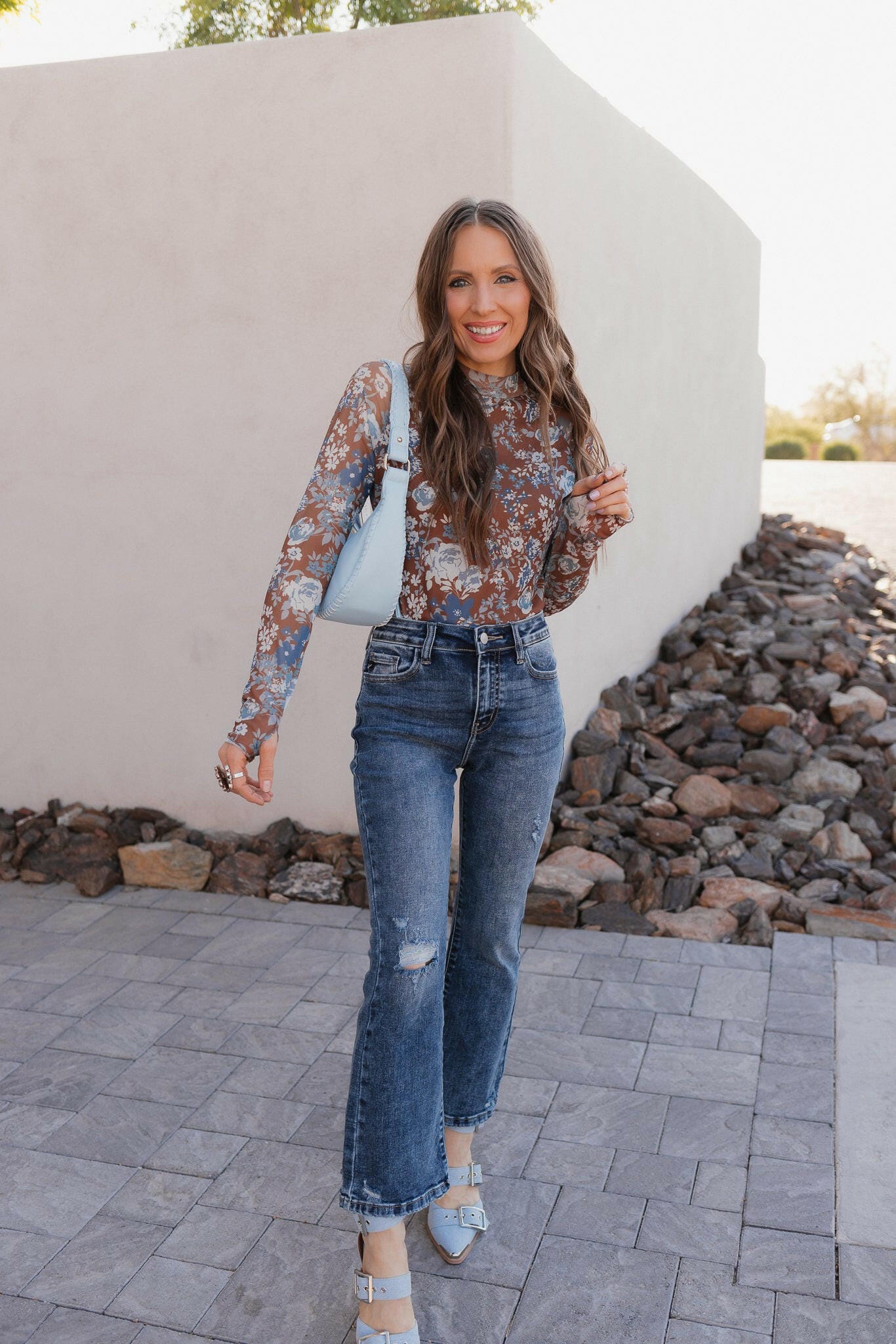 Pretty In Blue Bloom Mesh Long Sleeve Top-Tops-Krush Kandy, Women's Online Fashion Boutique Located in Phoenix, Arizona (Scottsdale Area)