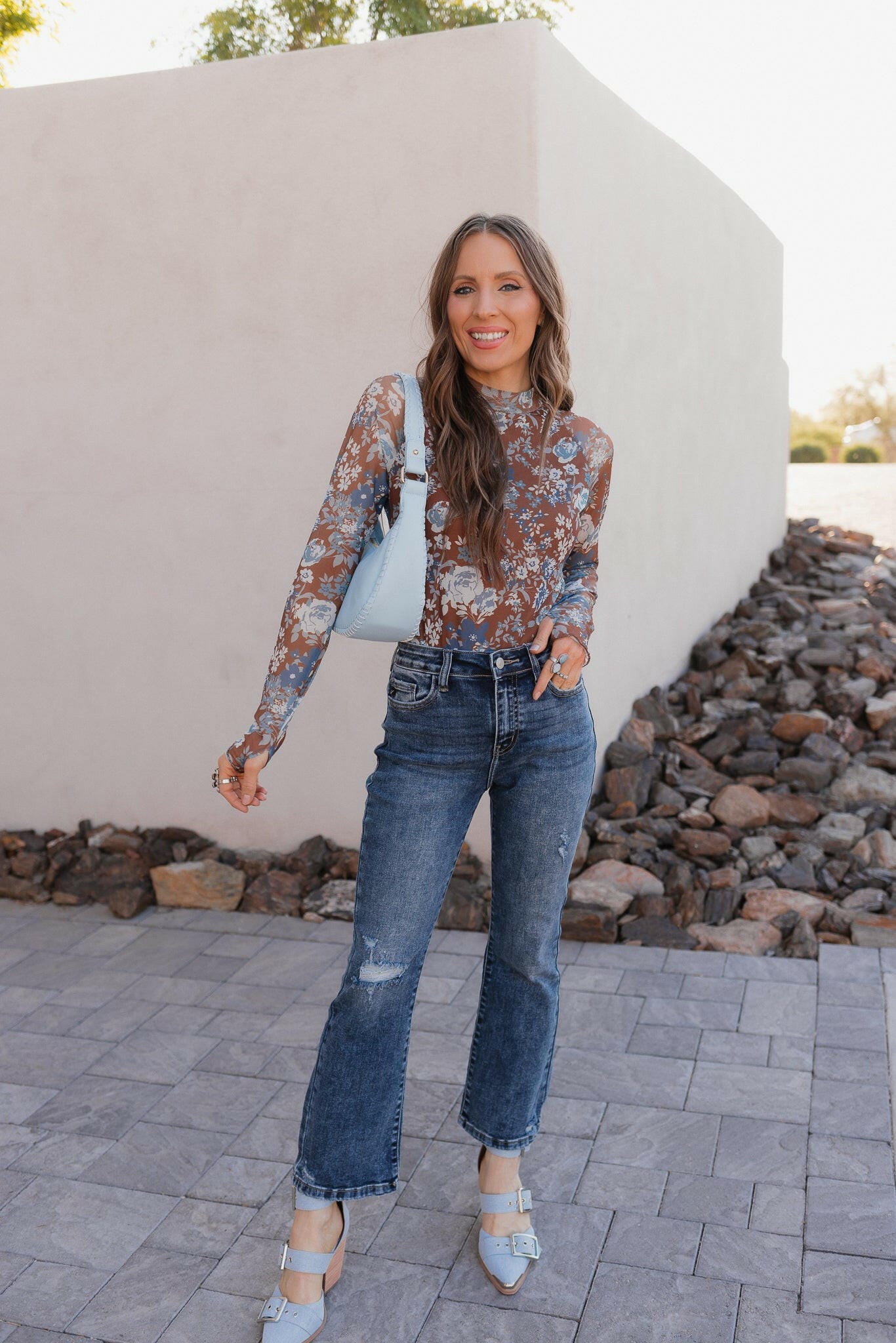 Pretty In Blue Bloom Mesh Long Sleeve Top-Tops-Krush Kandy, Women's Online Fashion Boutique Located in Phoenix, Arizona (Scottsdale Area)