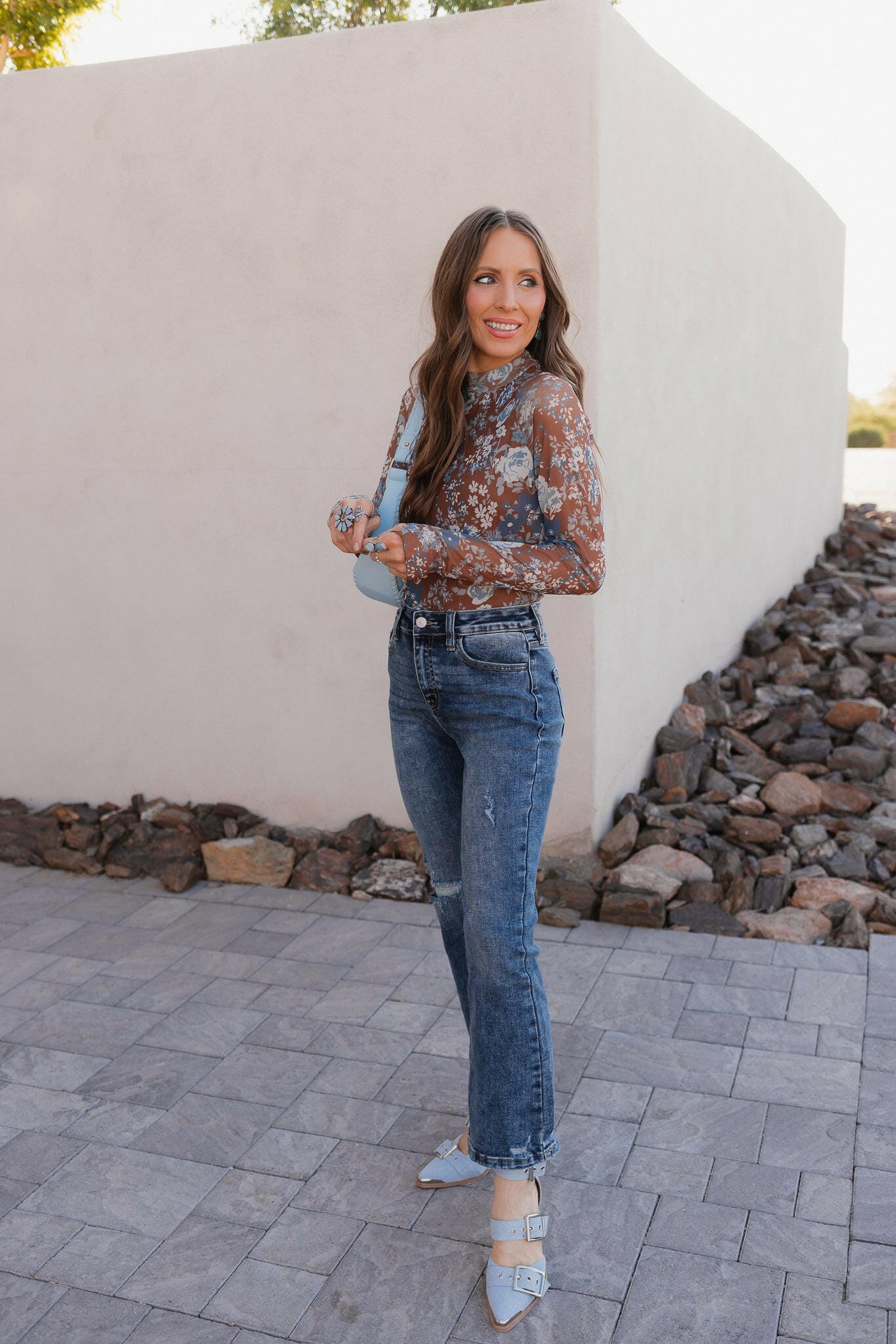 Pretty In Blue Bloom Mesh Long Sleeve Top-Tops-Krush Kandy, Women's Online Fashion Boutique Located in Phoenix, Arizona (Scottsdale Area)