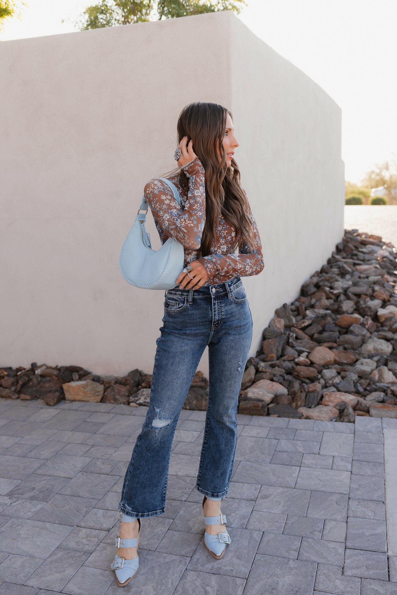 Pretty In Blue Bloom Mesh Long Sleeve Top-Tops-Krush Kandy, Women's Online Fashion Boutique Located in Phoenix, Arizona (Scottsdale Area)