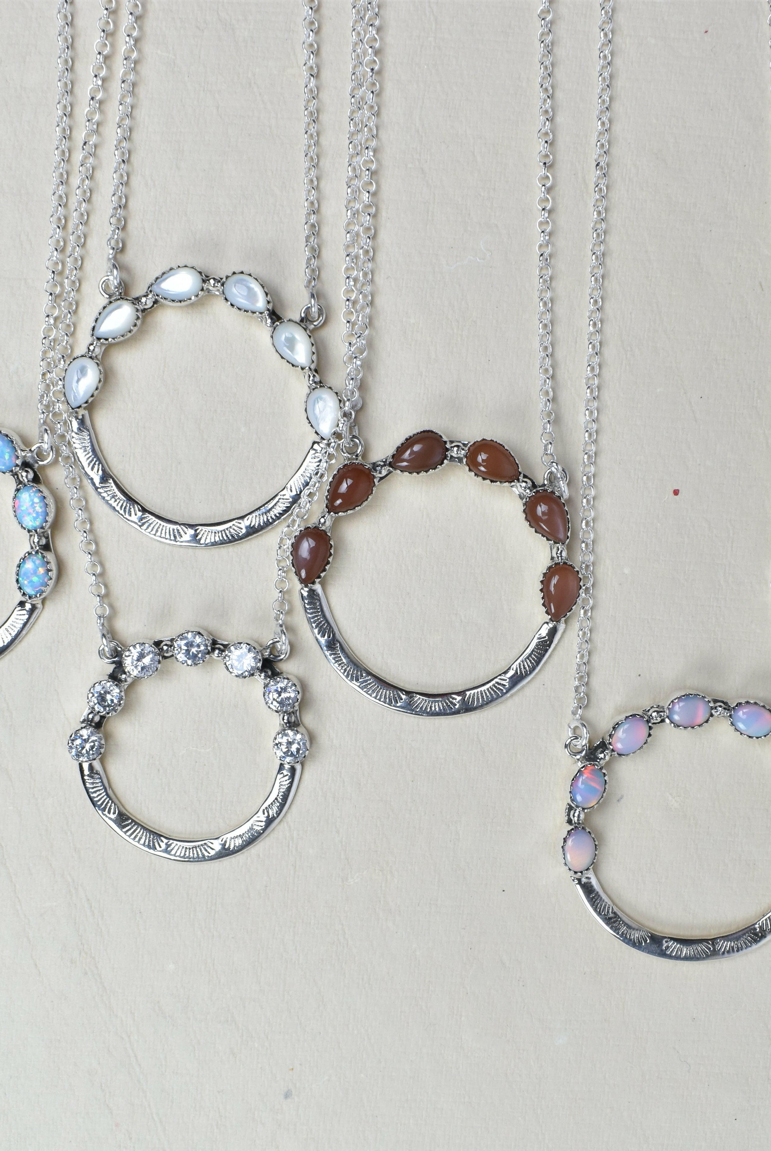 Luna's Crescent Gemstone Necklace-Pendant Necklaces-Krush Kandy, Women's Online Fashion Boutique Located in Phoenix, Arizona (Scottsdale Area)