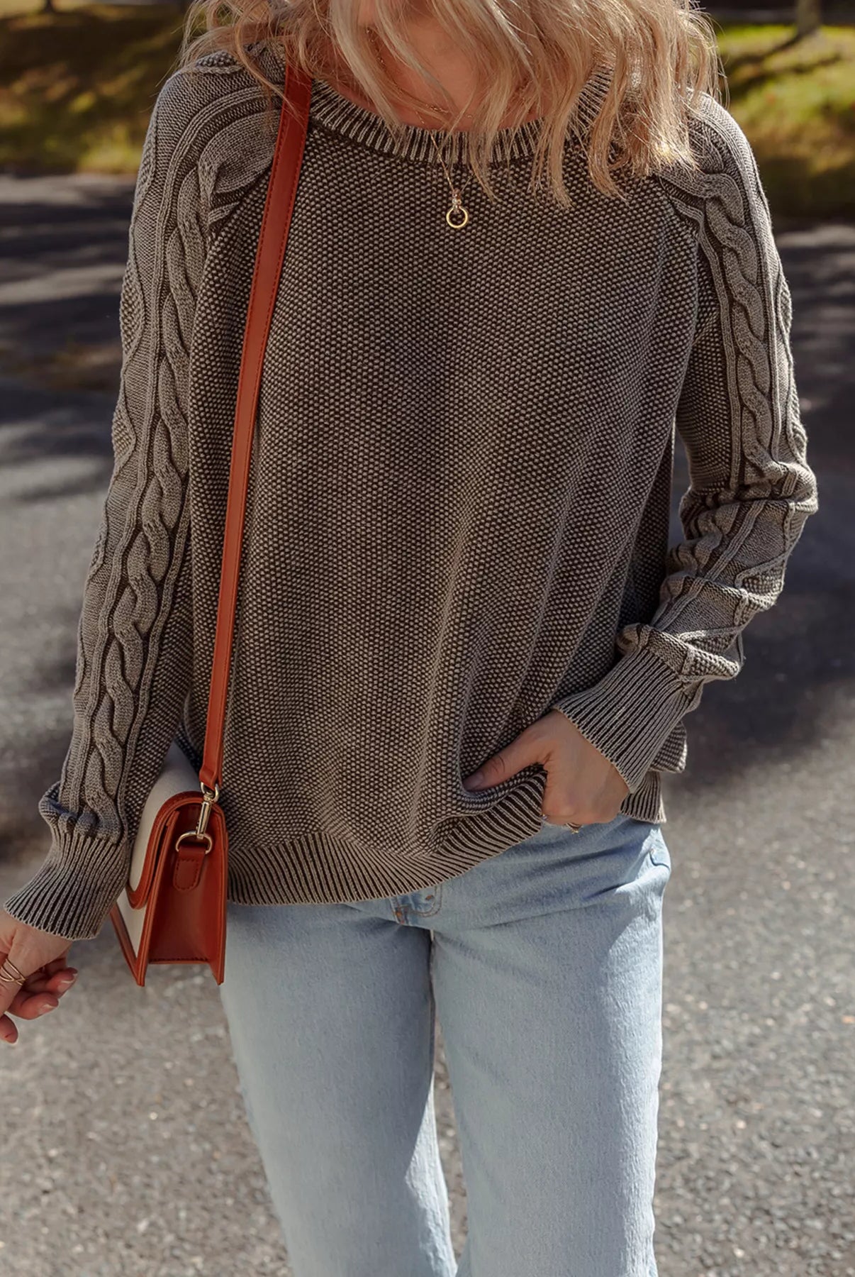 Contrast Cable Knit Sleeve Casual Sweater-Sweaters-Krush Kandy, Women's Online Fashion Boutique Located in Phoenix, Arizona (Scottsdale Area)