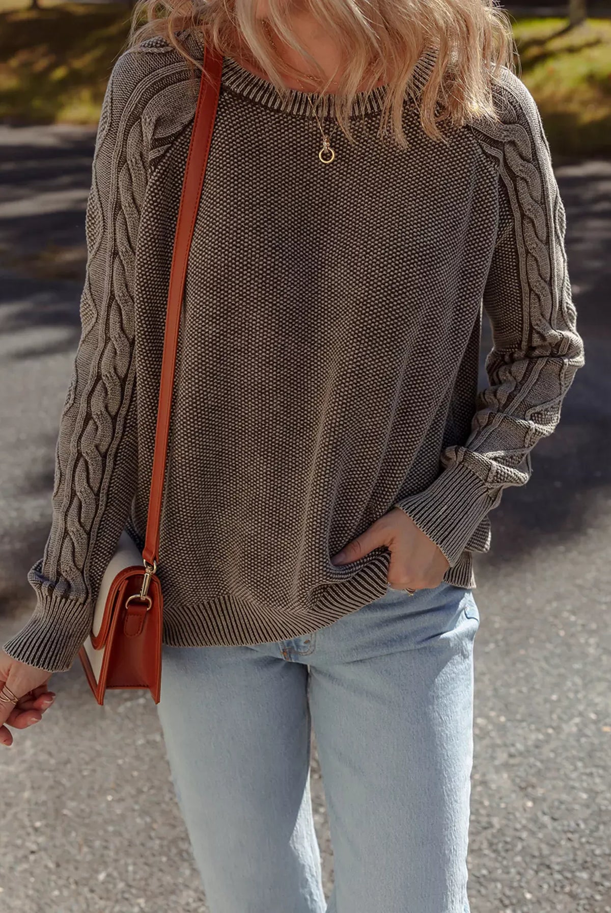 Contrast Cable Knit Sleeve Casual Sweater-Sweaters-Krush Kandy, Women's Online Fashion Boutique Located in Phoenix, Arizona (Scottsdale Area)