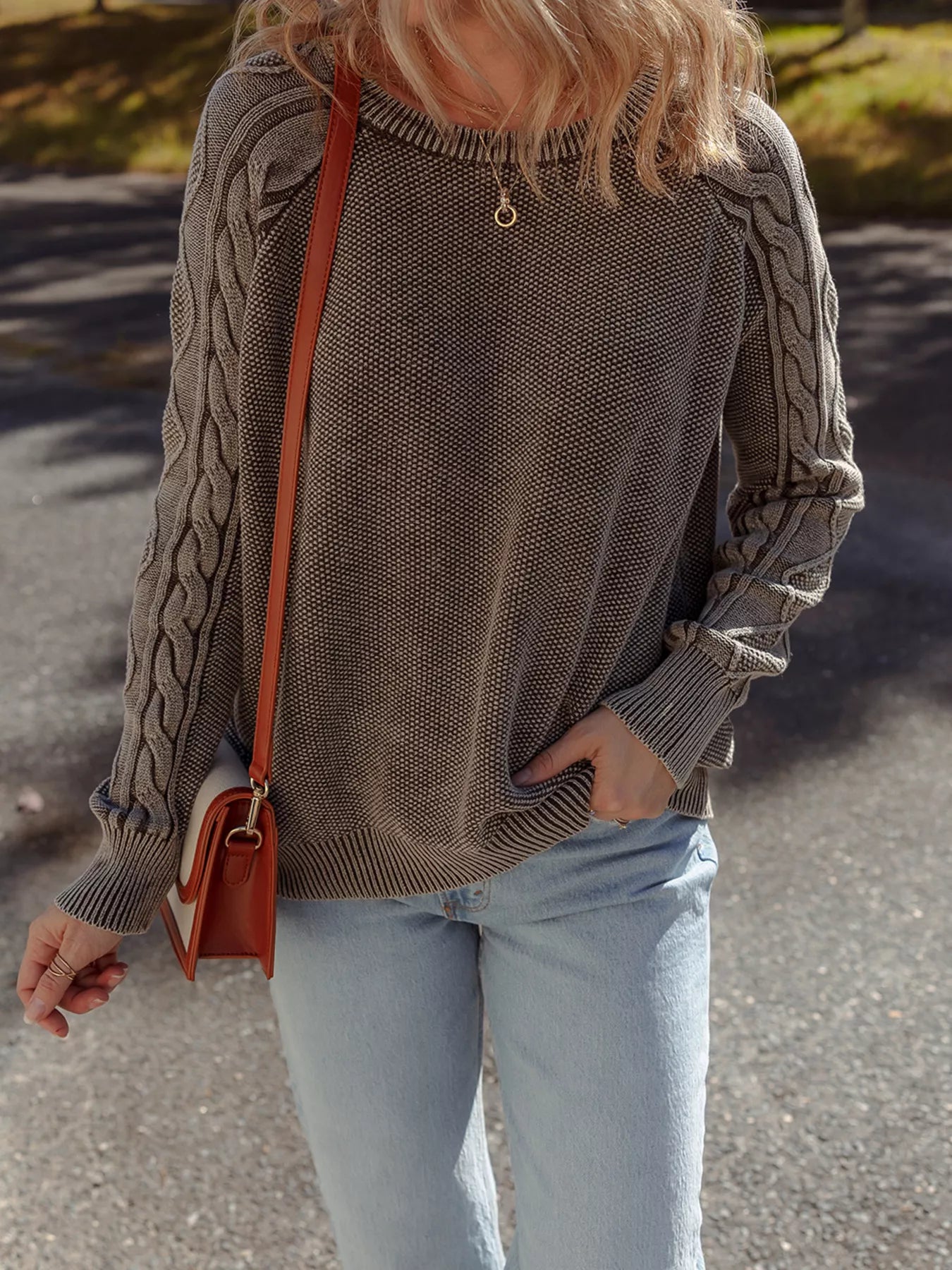 Contrast Cable Knit Sleeve Casual Sweater-Sweaters-Krush Kandy, Women's Online Fashion Boutique Located in Phoenix, Arizona (Scottsdale Area)