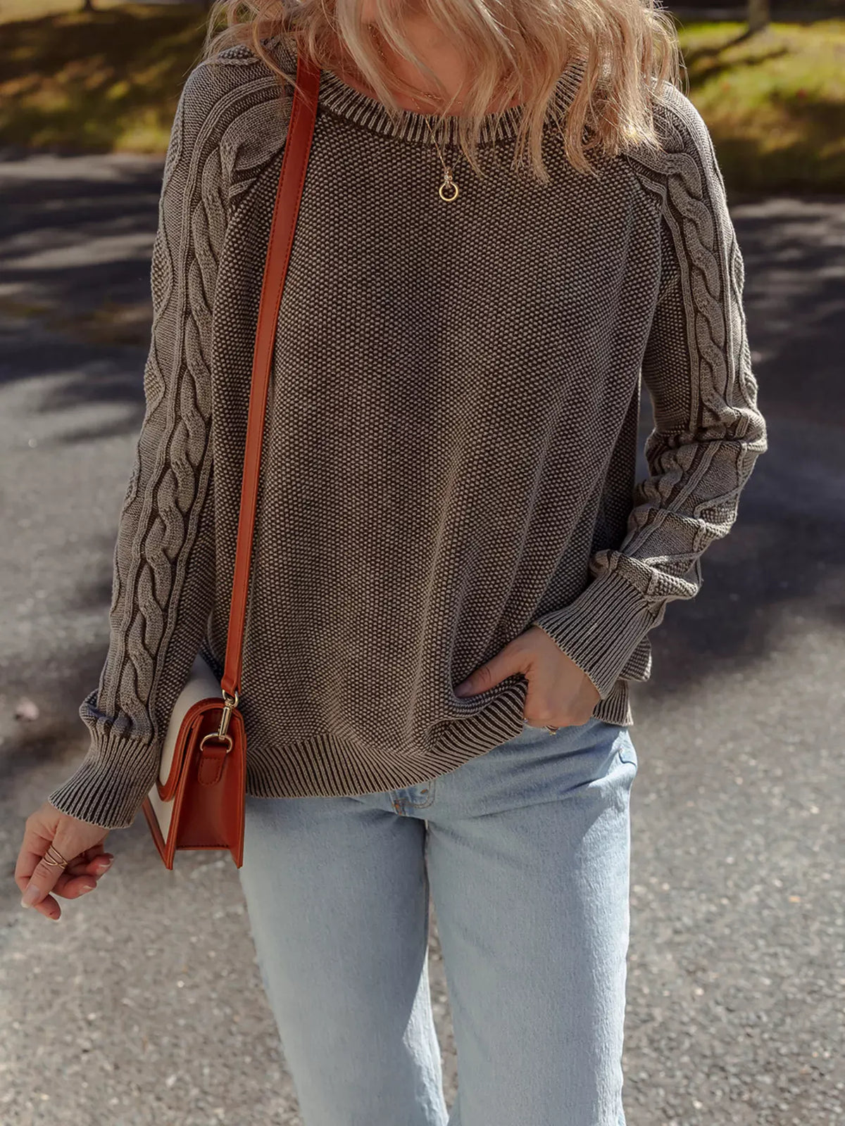 Contrast Cable Knit Sleeve Casual Sweater-Sweaters-Krush Kandy, Women's Online Fashion Boutique Located in Phoenix, Arizona (Scottsdale Area)