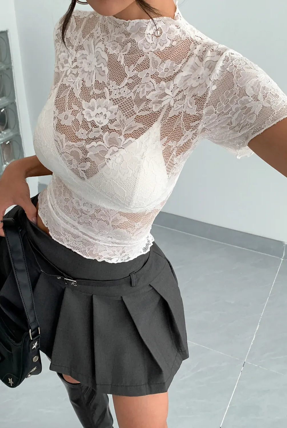 Lace Mock Neck Short Sleeve Top-tops-Krush Kandy, Women's Online Fashion Boutique Located in Phoenix, Arizona (Scottsdale Area)