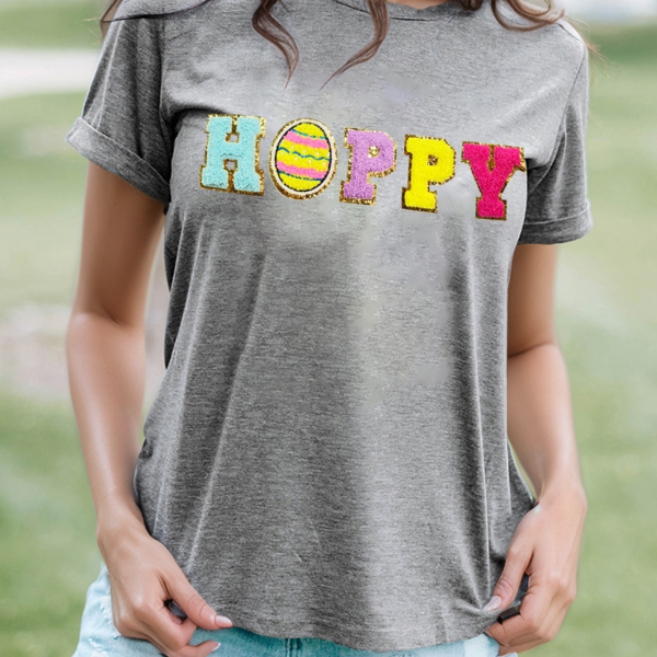 HOPPY Chenille Patch Round Neck Short Sleeve T-Shirt-Graphic Tees-Krush Kandy, Women's Online Fashion Boutique Located in Phoenix, Arizona (Scottsdale Area)