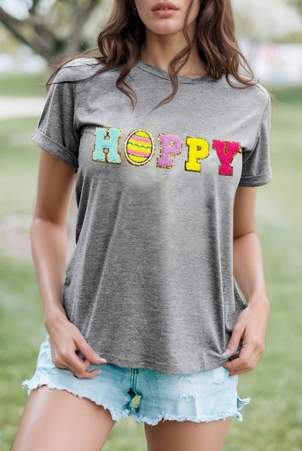 HOPPY Chenille Patch Round Neck Short Sleeve T-Shirt-Graphic Tees-Krush Kandy, Women's Online Fashion Boutique Located in Phoenix, Arizona (Scottsdale Area)
