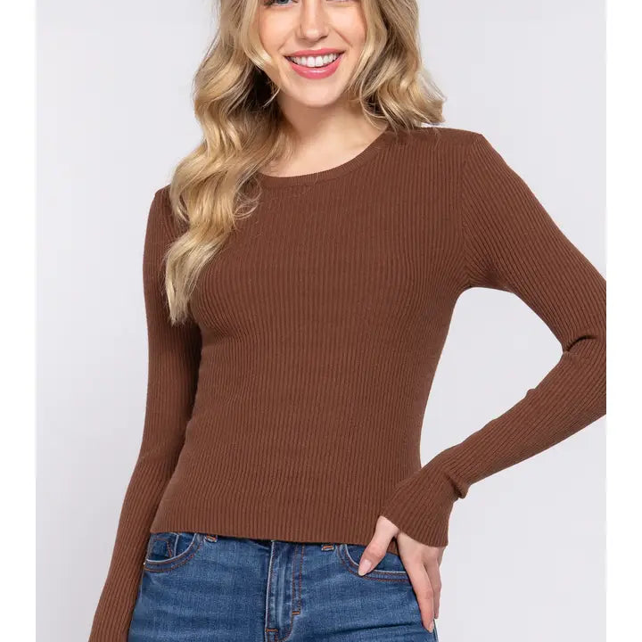 Luxe Ribbed Long Sleeve Crew Sweater-Tops-Krush Kandy, Women's Online Fashion Boutique Located in Phoenix, Arizona (Scottsdale Area)