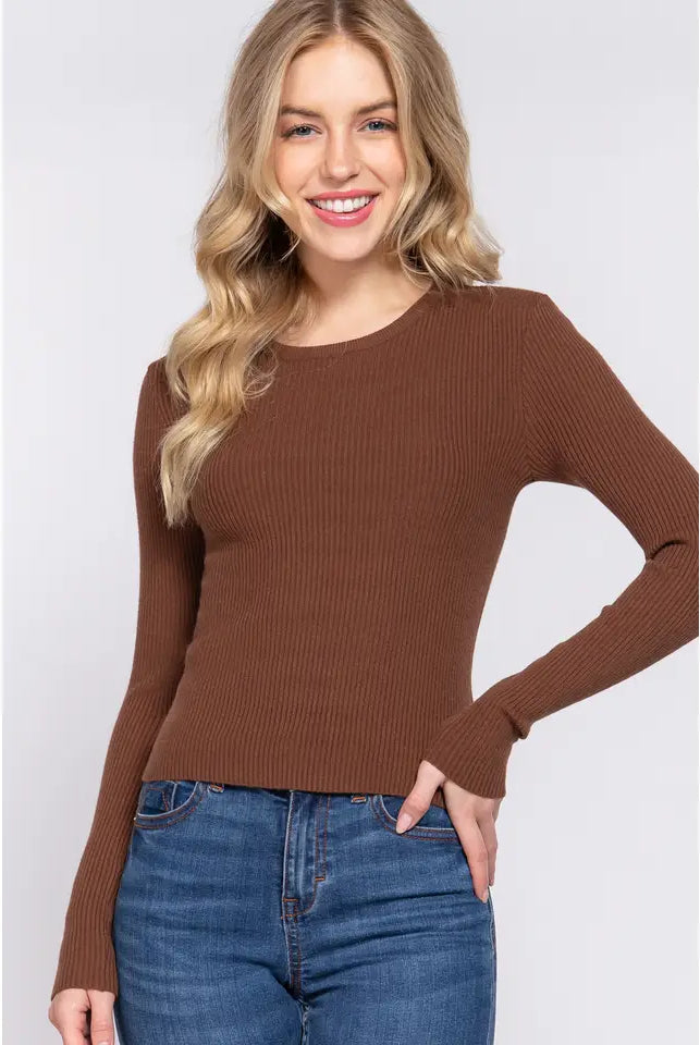 Luxe Ribbed Long Sleeve Crew Sweater-Tops-Krush Kandy, Women's Online Fashion Boutique Located in Phoenix, Arizona (Scottsdale Area)