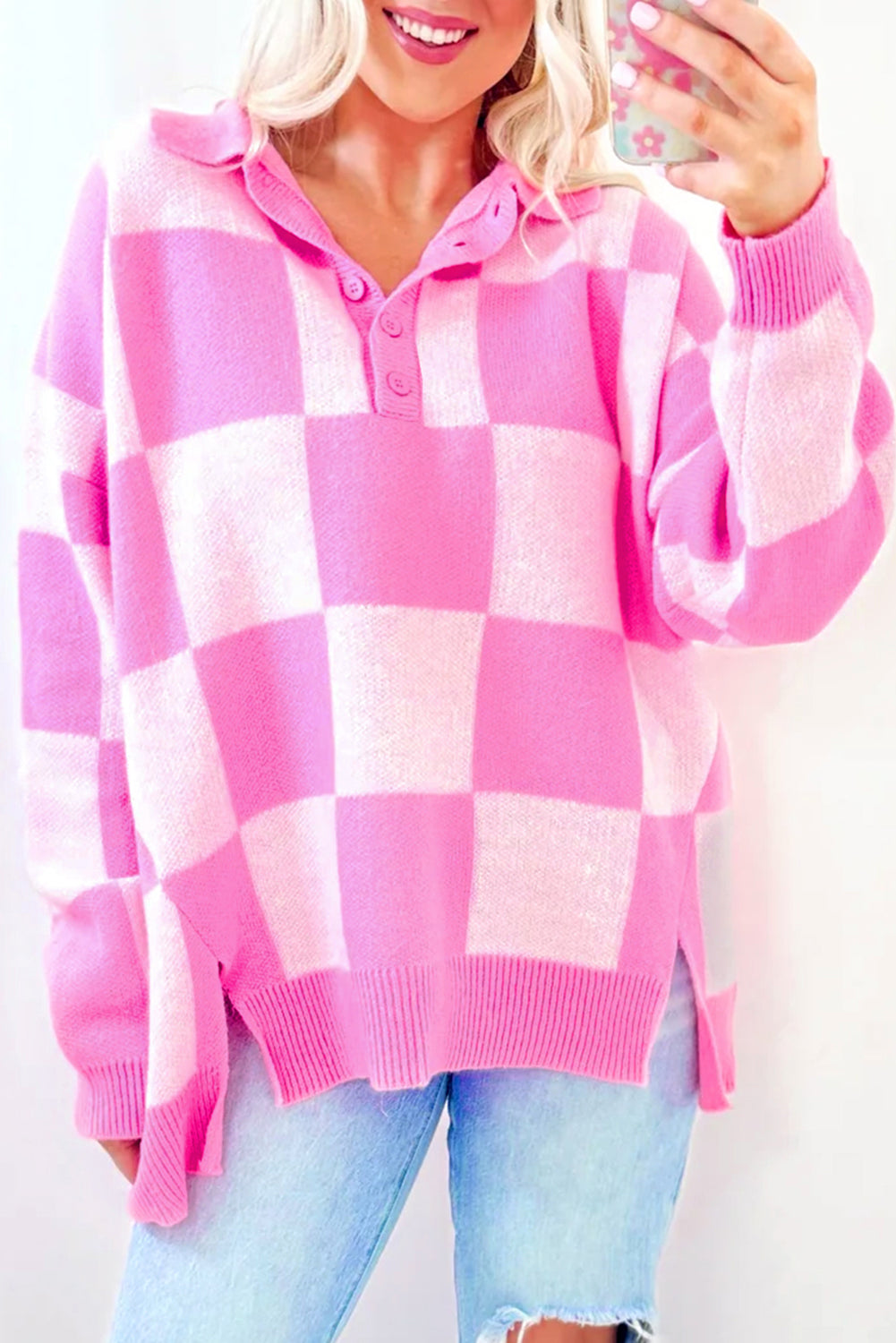 Bubblegum Check Henley Sweater-Sweaters-Krush Kandy, Women's Online Fashion Boutique Located in Phoenix, Arizona (Scottsdale Area)