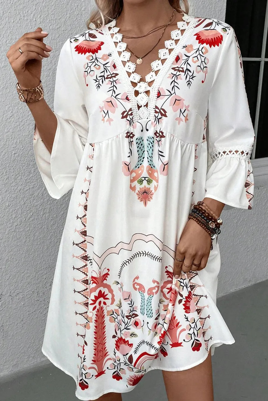 Lace Detail Printed Three-Quarter Sleeve Dress-Dresses-Krush Kandy, Women's Online Fashion Boutique Located in Phoenix, Arizona (Scottsdale Area)