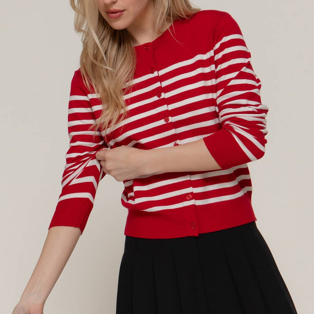 Long Sleeve Crew Neck Stripe Sweater Cardigan-Cardigans-Krush Kandy, Women's Online Fashion Boutique Located in Phoenix, Arizona (Scottsdale Area)