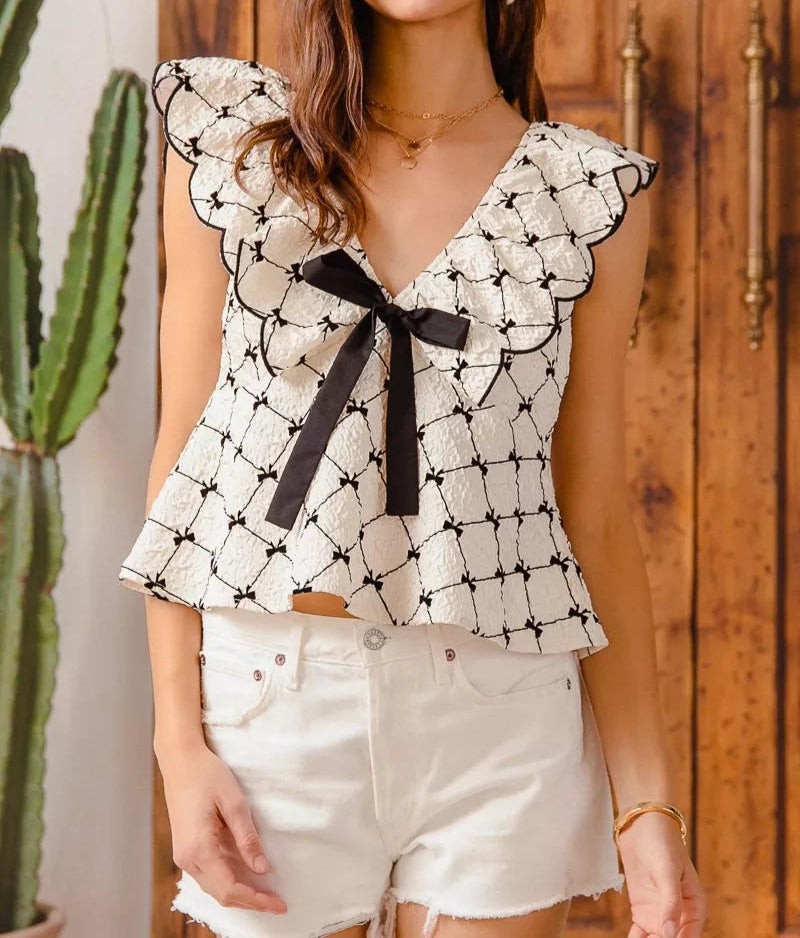 SO ME Bow Texture Jacquard Woven Top with Scallop and Tie-Tops-Krush Kandy, Women's Online Fashion Boutique Located in Phoenix, Arizona (Scottsdale Area)