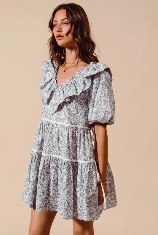 SO ME Cotton Printed Ruffle V Neckline Dress with Side Tie-Dresses-Krush Kandy, Women's Online Fashion Boutique Located in Phoenix, Arizona (Scottsdale Area)