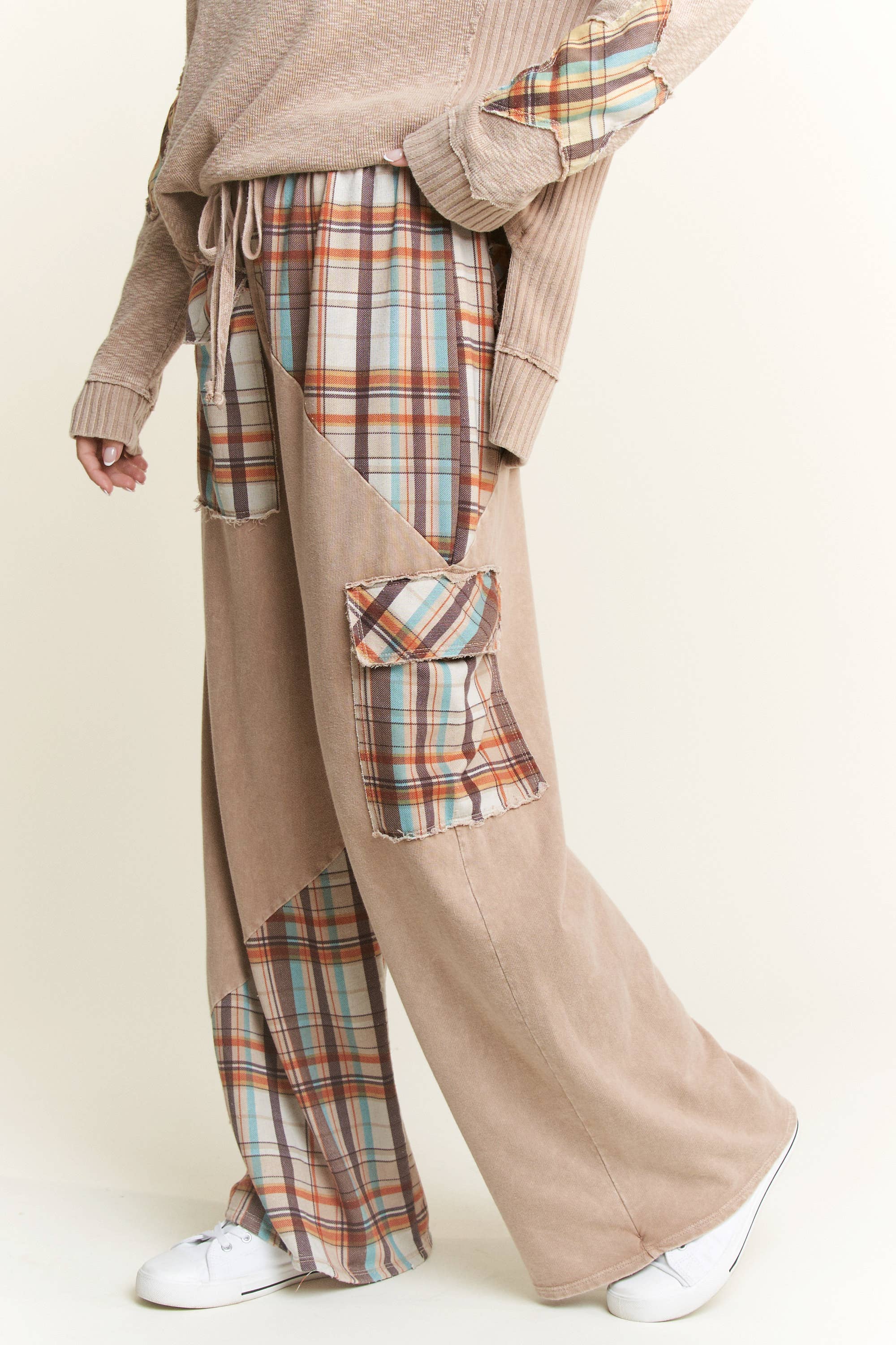 J.HER Mineral Wash Plaid Patched Straight Terry Pants-Pants-Krush Kandy, Women's Online Fashion Boutique Located in Phoenix, Arizona (Scottsdale Area)
