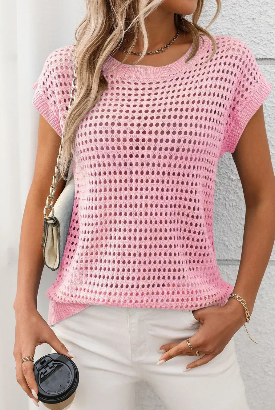 Openwork Round Neck Short Sleeve Knit Cover Up-Krush Kandy, Women's Online Fashion Boutique Located in Phoenix, Arizona (Scottsdale Area)