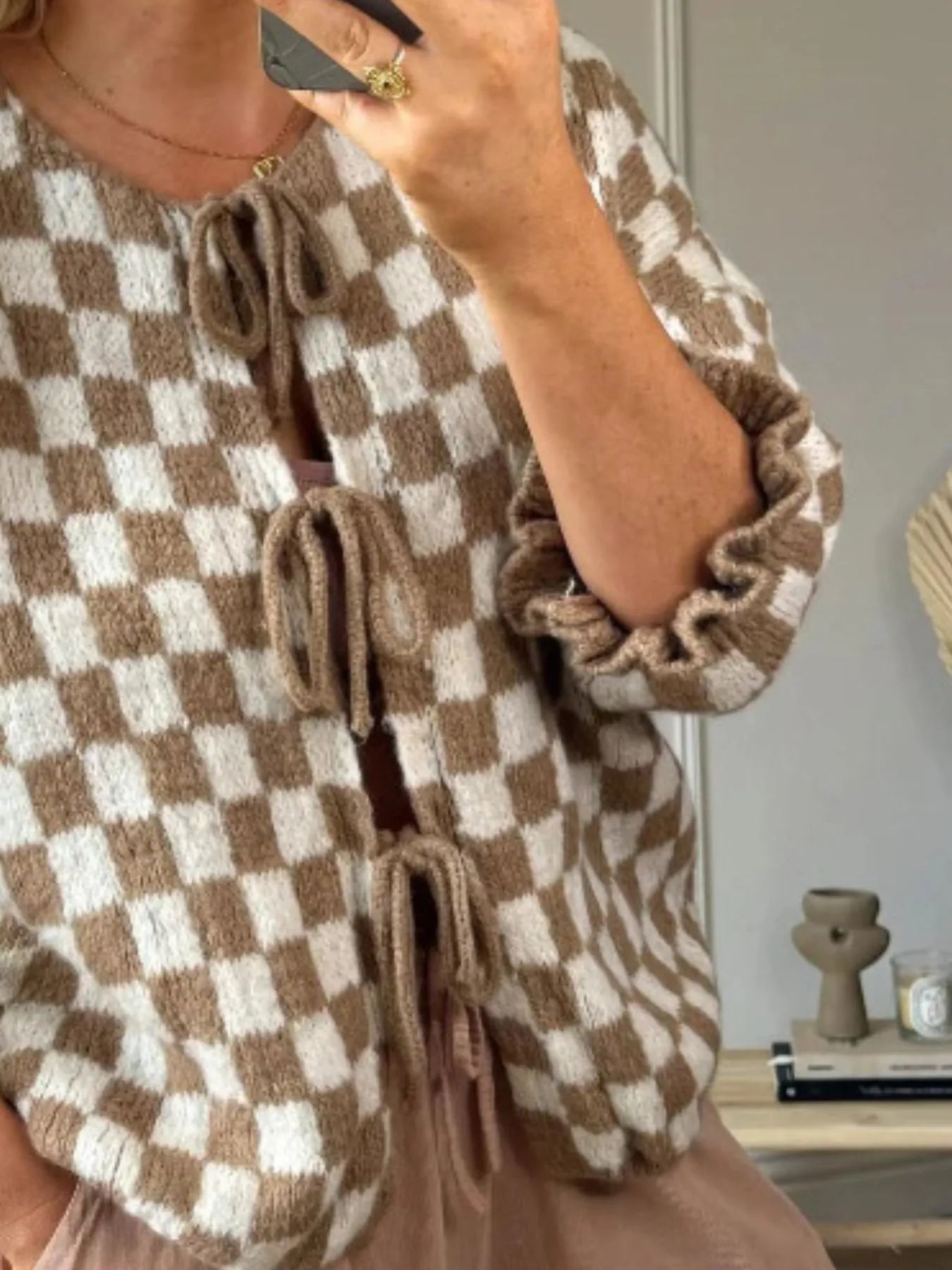 Checkered Tie-Front Knit Cardigan-Cardigan-Krush Kandy, Women's Online Fashion Boutique Located in Phoenix, Arizona (Scottsdale Area)