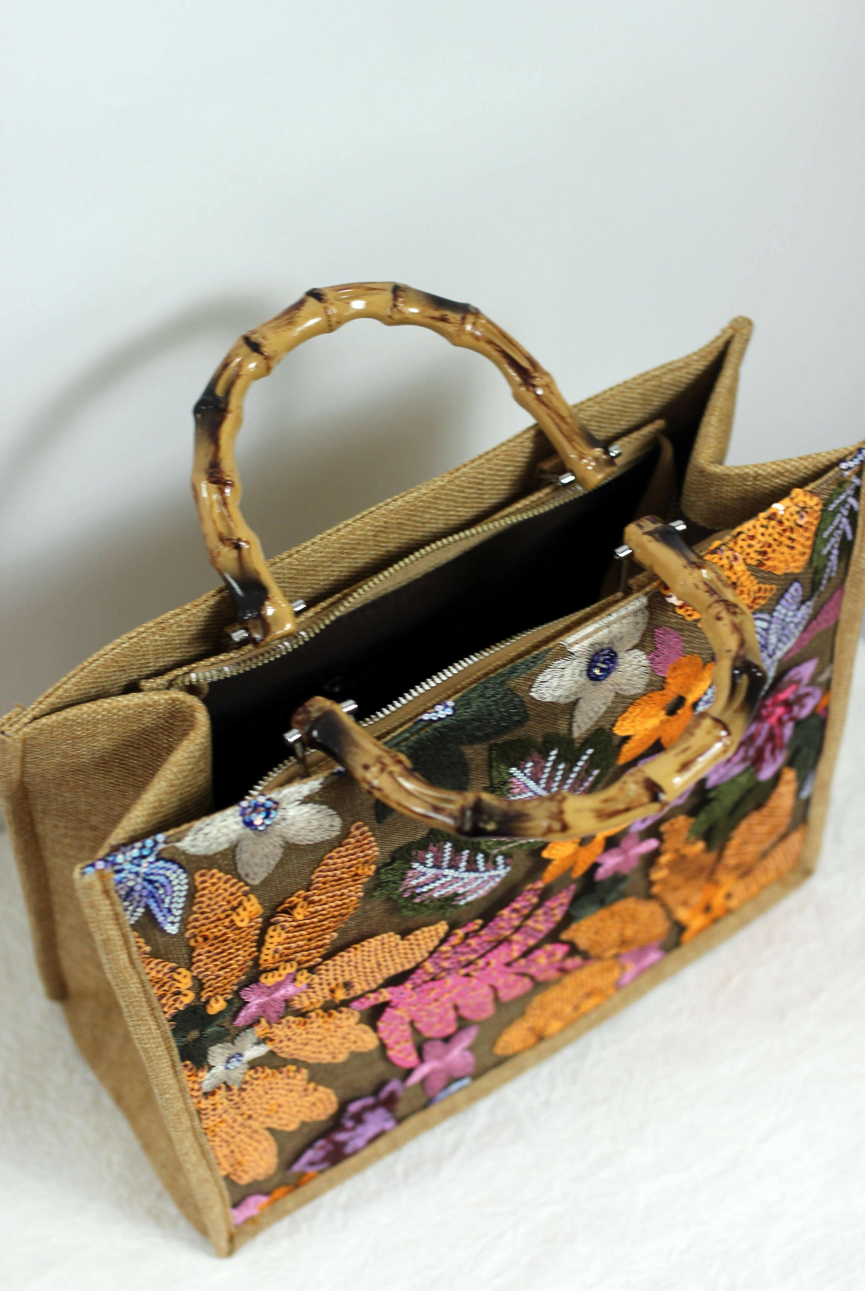 Elegant Burlap Handbag with Floral Embroidery and Bamboo Handle-handbag-Krush Kandy, Women's Online Fashion Boutique Located in Phoenix, Arizona (Scottsdale Area)