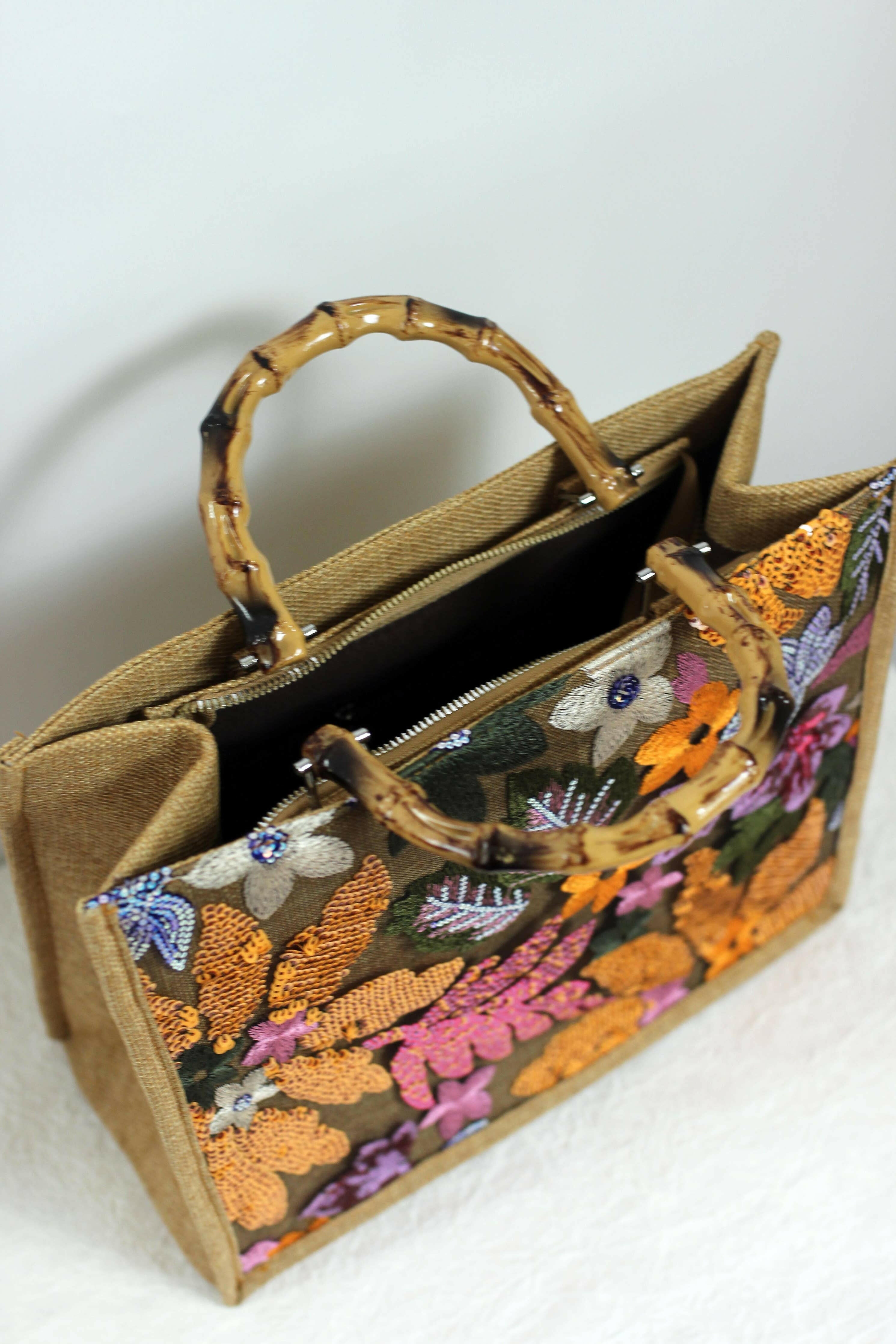 Elegant Burlap Handbag with Floral Embroidery and Bamboo Handle-handbag-Krush Kandy, Women's Online Fashion Boutique Located in Phoenix, Arizona (Scottsdale Area)