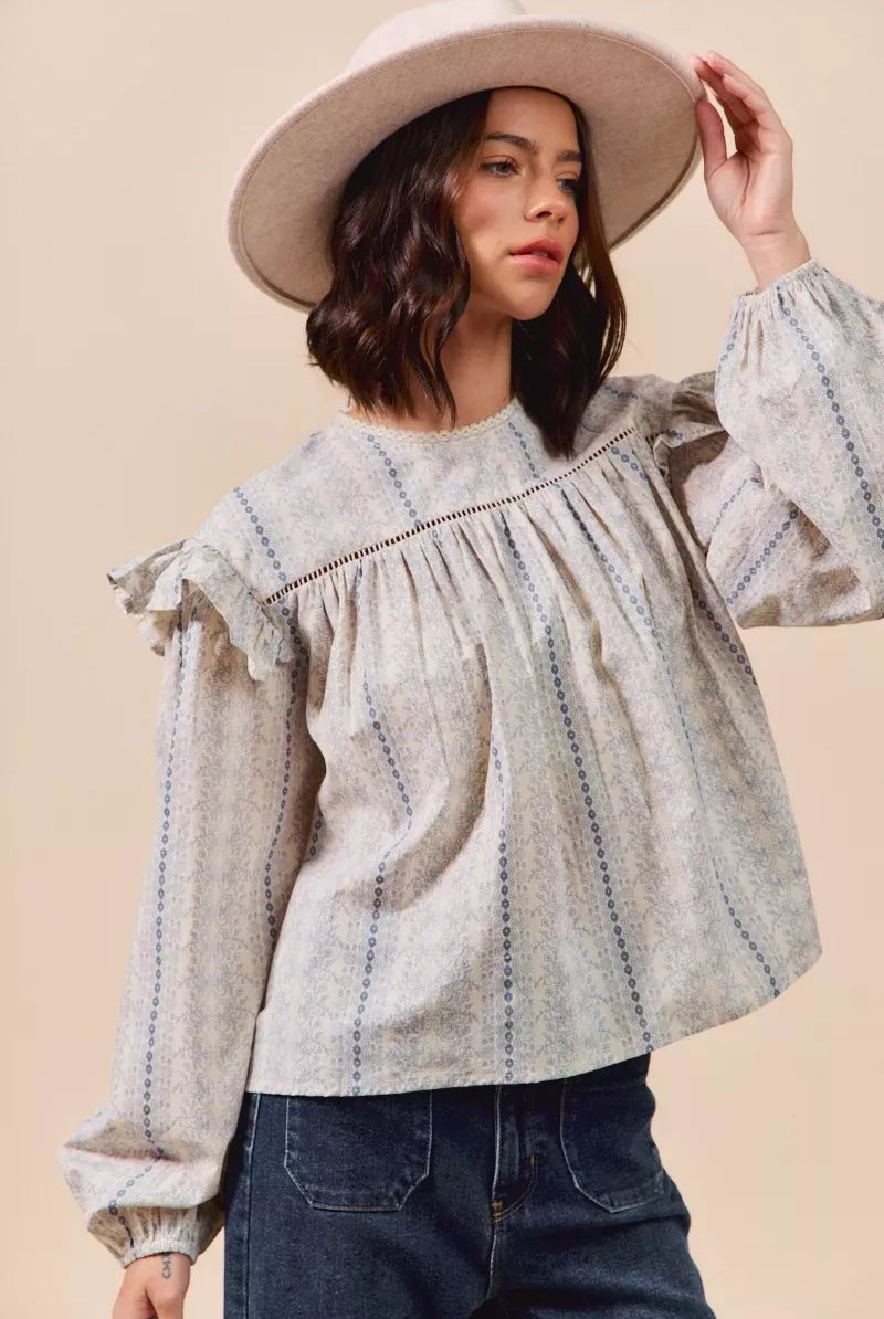 SO ME Floral Cotton Print Ruffled Long Sleeve Blouse-Tops-Krush Kandy, Women's Online Fashion Boutique Located in Phoenix, Arizona (Scottsdale Area)