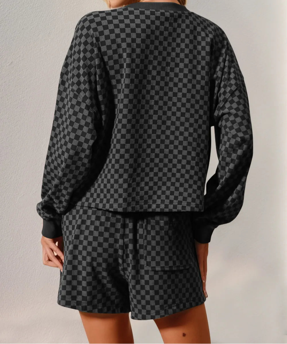 Double Take Checkered Half Button Top and Shorts Set-2 Piece Outfit Sets-Krush Kandy, Women's Online Fashion Boutique Located in Phoenix, Arizona (Scottsdale Area)