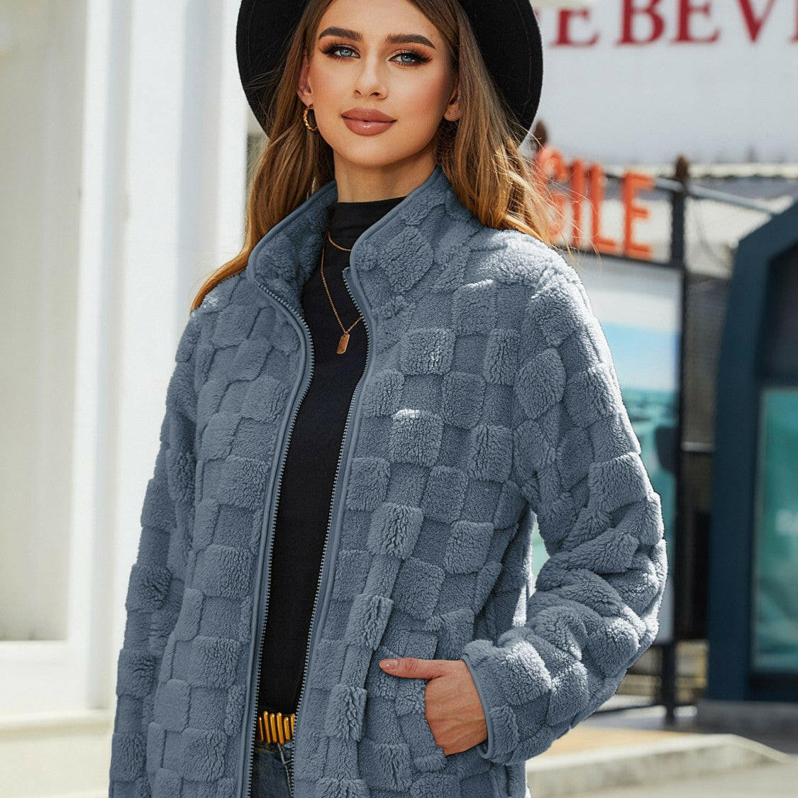 Fuzzy Checkered Zip Up Jacket-Krush Kandy, Women's Online Fashion Boutique Located in Phoenix, Arizona (Scottsdale Area)
