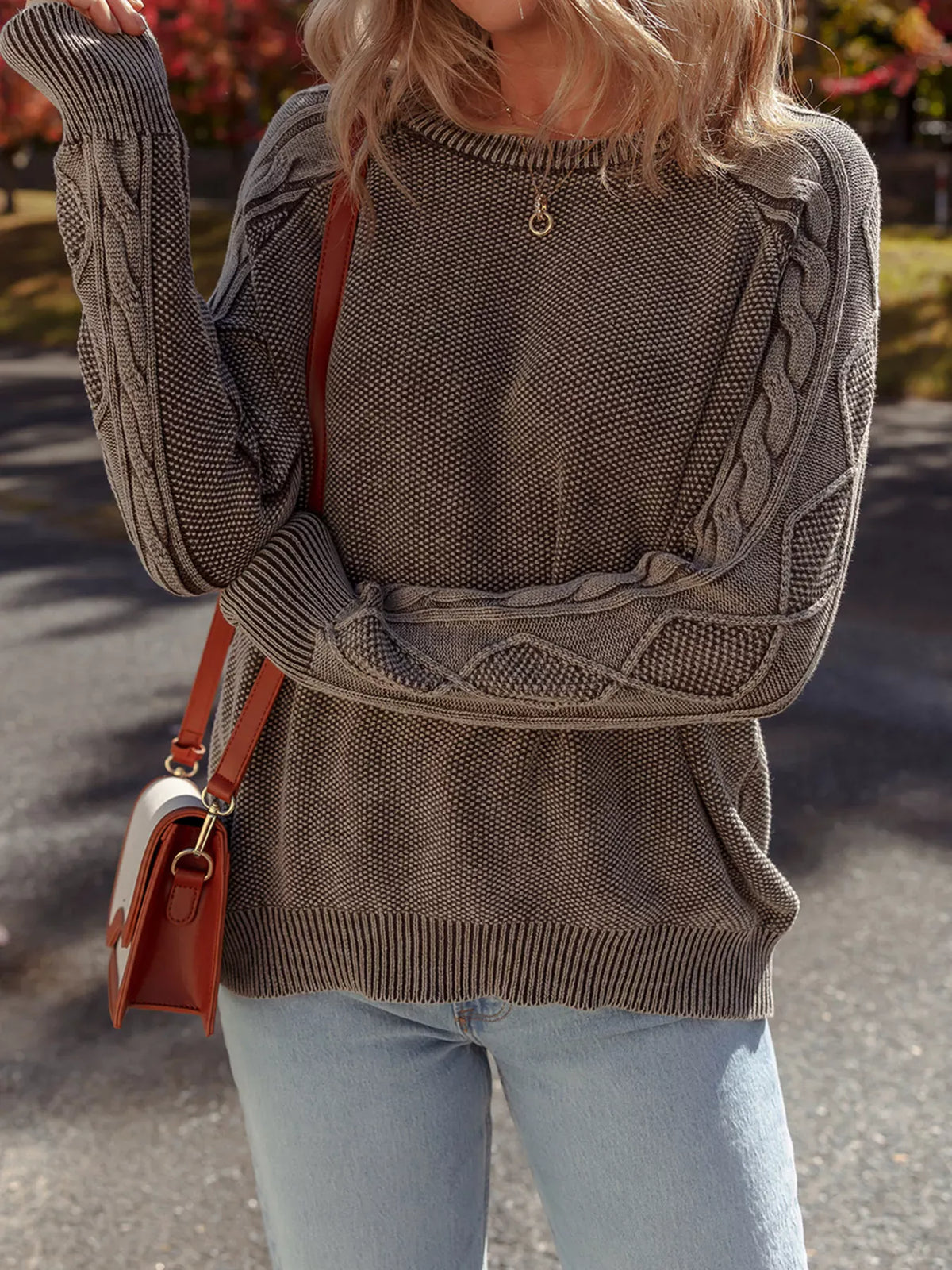 Contrast Cable Knit Sleeve Casual Sweater-Sweaters-Krush Kandy, Women's Online Fashion Boutique Located in Phoenix, Arizona (Scottsdale Area)