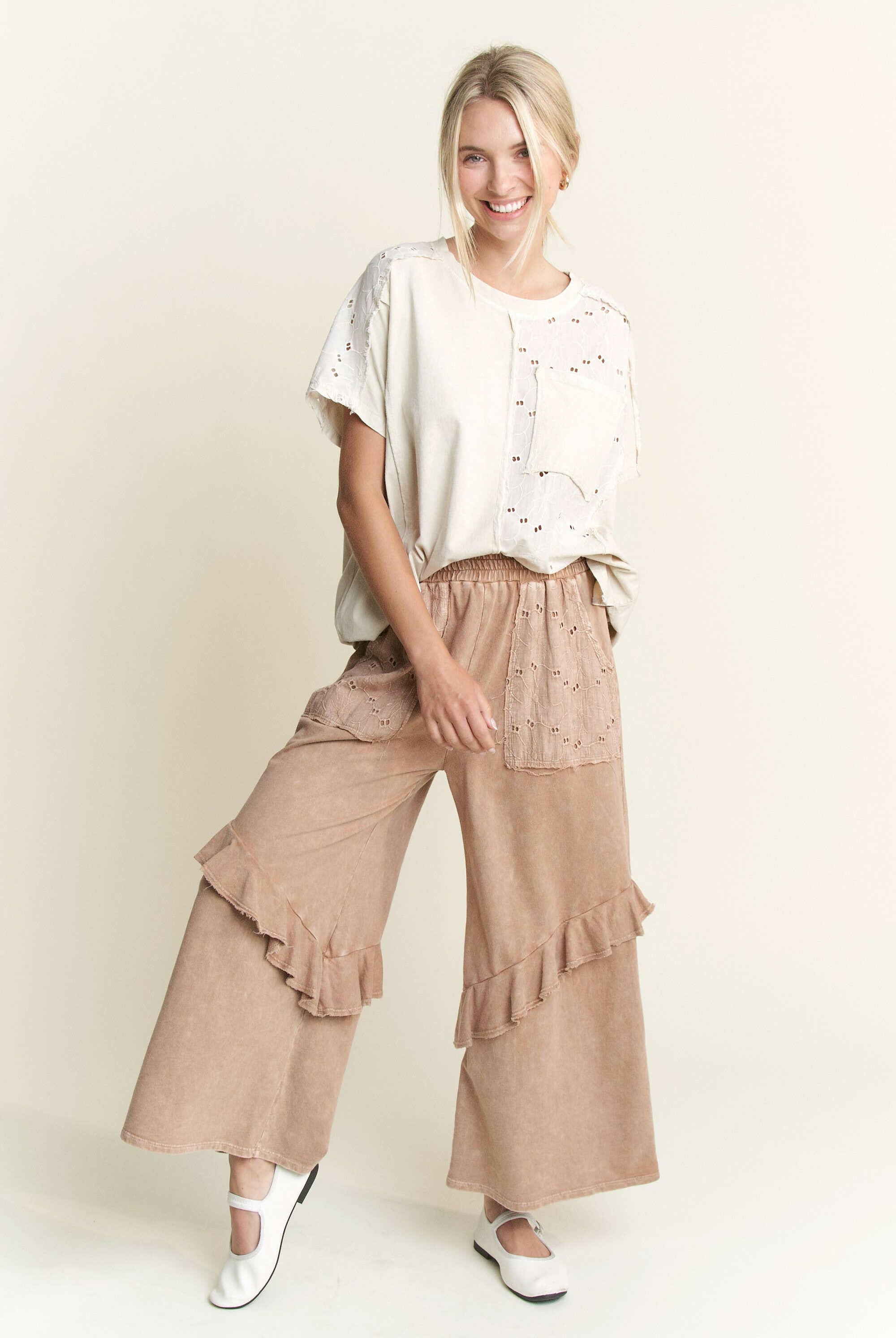 J.HER Mineral Wash Eyelet Pocket Ruffle Pants-Krush Kandy, Women's Online Fashion Boutique Located in Phoenix, Arizona (Scottsdale Area)