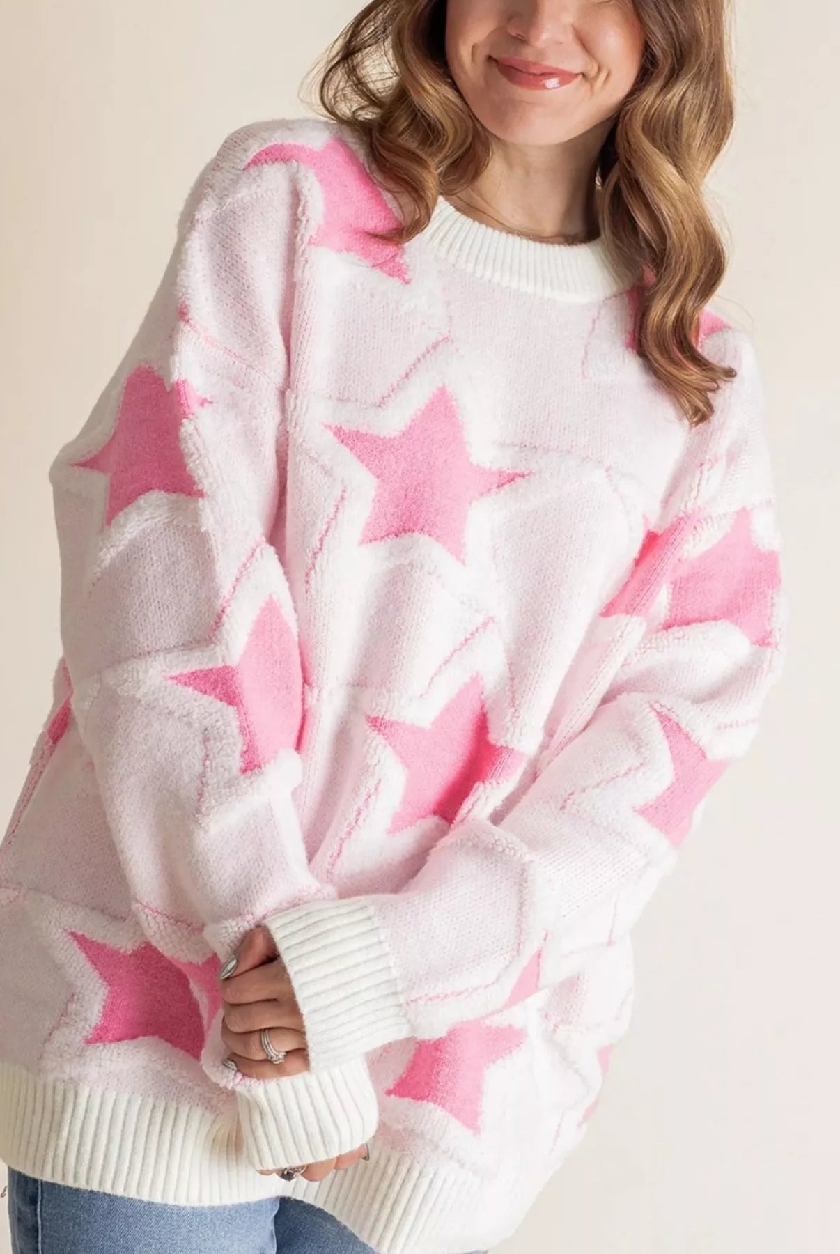 Oversized Star Pattern Ribbed Edge Drop Shoulder Sweater-Sweater-Krush Kandy, Women's Online Fashion Boutique Located in Phoenix, Arizona (Scottsdale Area)