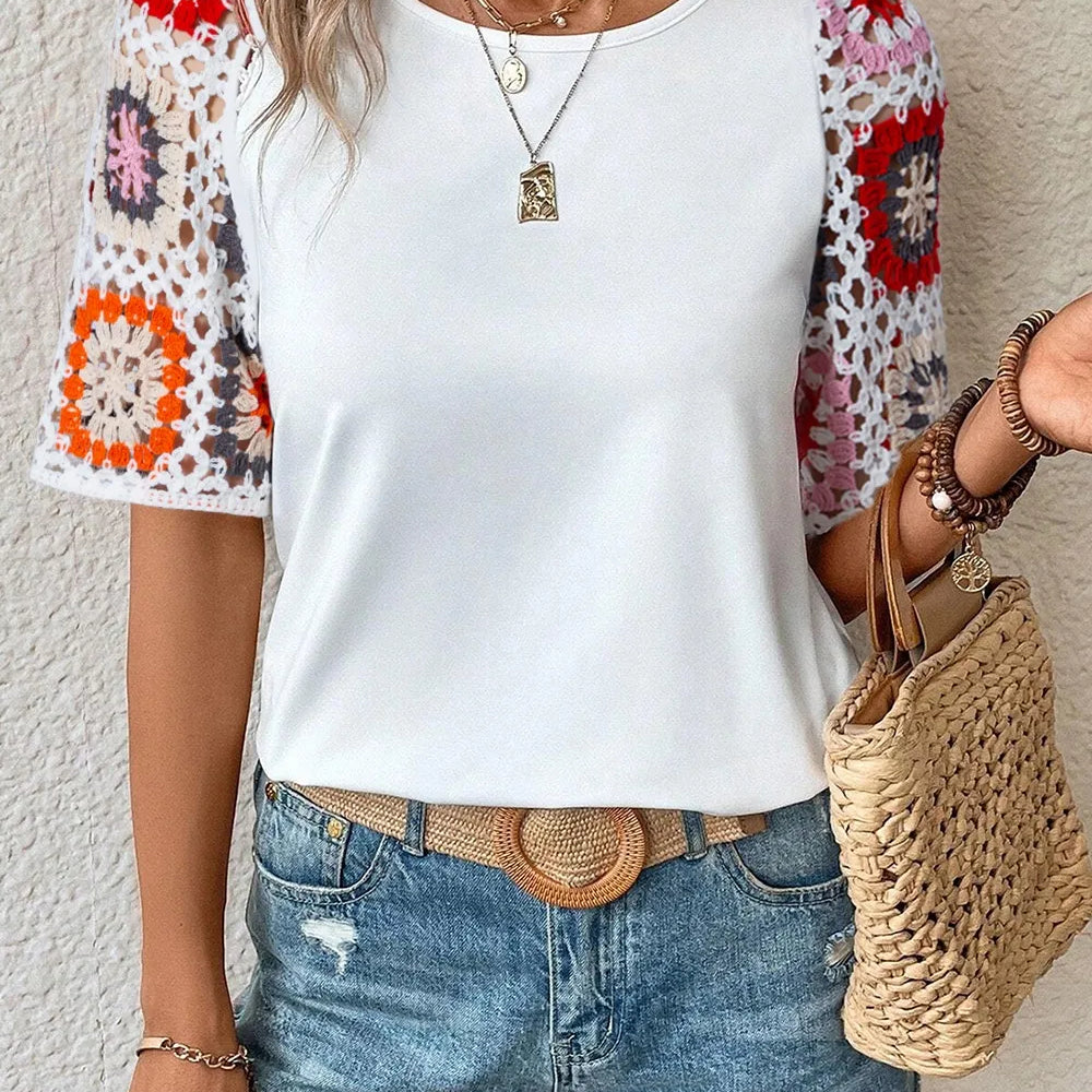 Retro Bloom Crochet Sleeve Tee-Tops-Krush Kandy, Women's Online Fashion Boutique Located in Phoenix, Arizona (Scottsdale Area)
