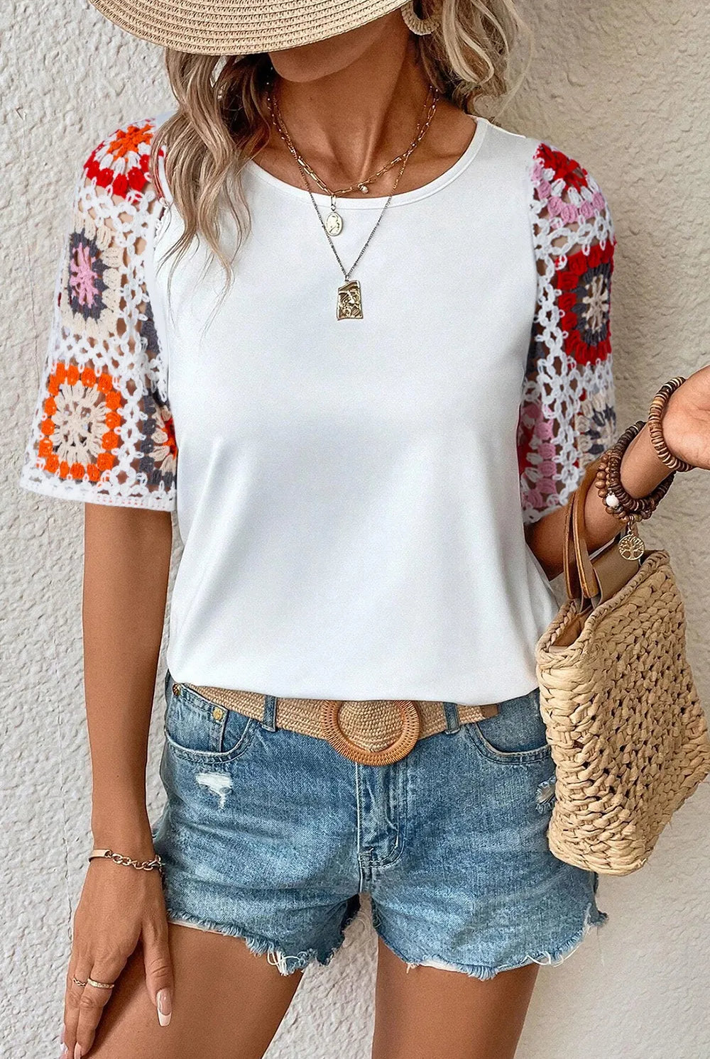 Retro Bloom Crochet Sleeve Tee-Tops-Krush Kandy, Women's Online Fashion Boutique Located in Phoenix, Arizona (Scottsdale Area)