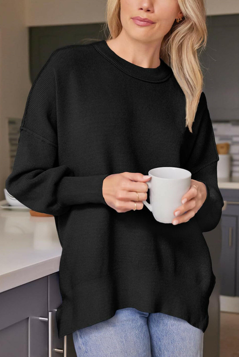 Slit Round Neck Dropped Shoulder Sweater-Krush Kandy, Women's Online Fashion Boutique Located in Phoenix, Arizona (Scottsdale Area)