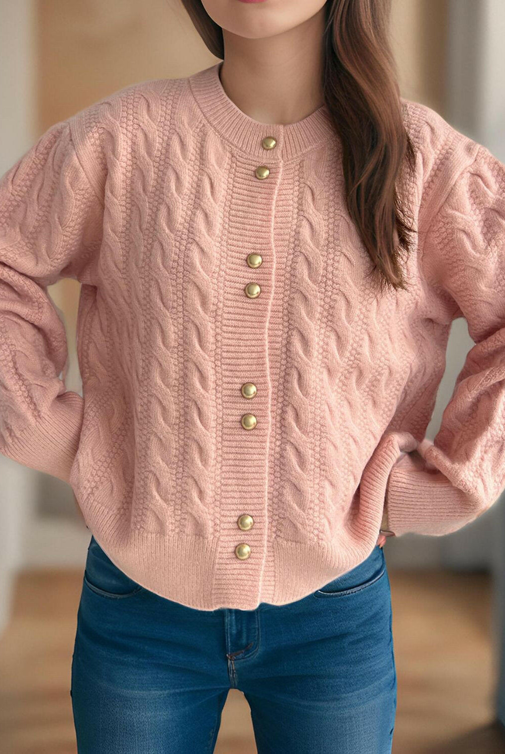Cable-Knit Round Neck Long Sleeve Cardigan-Cardigans-Krush Kandy, Women's Online Fashion Boutique Located in Phoenix, Arizona (Scottsdale Area)
