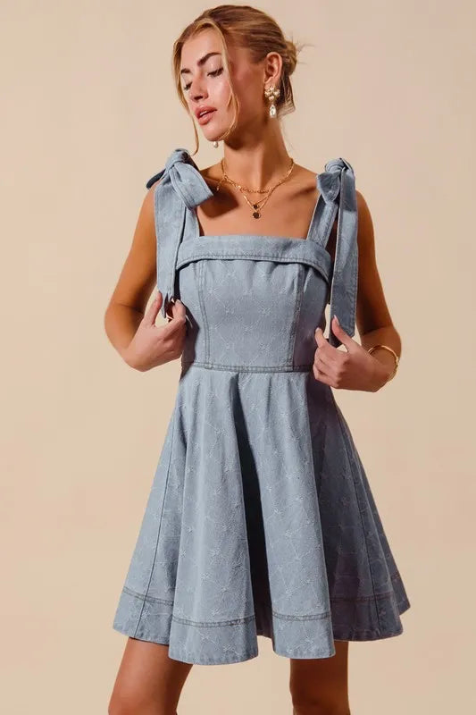 SO ME A Line Bow Denim Dress-Dresses-Krush Kandy, Women's Online Fashion Boutique Located in Phoenix, Arizona (Scottsdale Area)