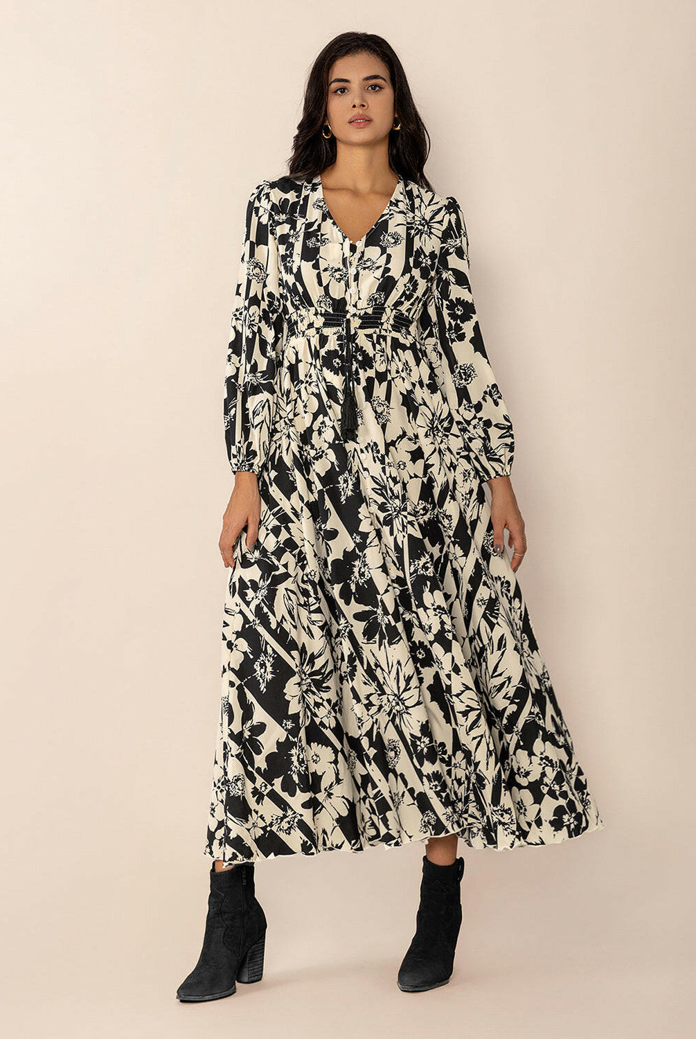 Tied Printed V-Neck Long Sleeve Midi Dress-Krush Kandy, Women's Online Fashion Boutique Located in Phoenix, Arizona (Scottsdale Area)