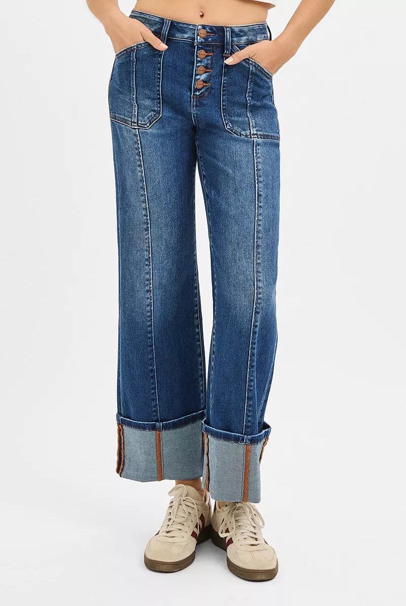 RISEN Full Size High Rise Crop Wide Straight Cuffed Jeans Plus Size-Jeans-Krush Kandy, Women's Online Fashion Boutique Located in Phoenix, Arizona (Scottsdale Area)