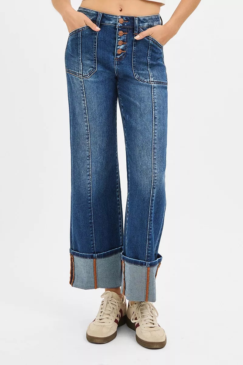 RISEN Full Size High Rise Crop Wide Straight Cuffed Jeans Plus Size-Jeans-Krush Kandy, Women's Online Fashion Boutique Located in Phoenix, Arizona (Scottsdale Area)