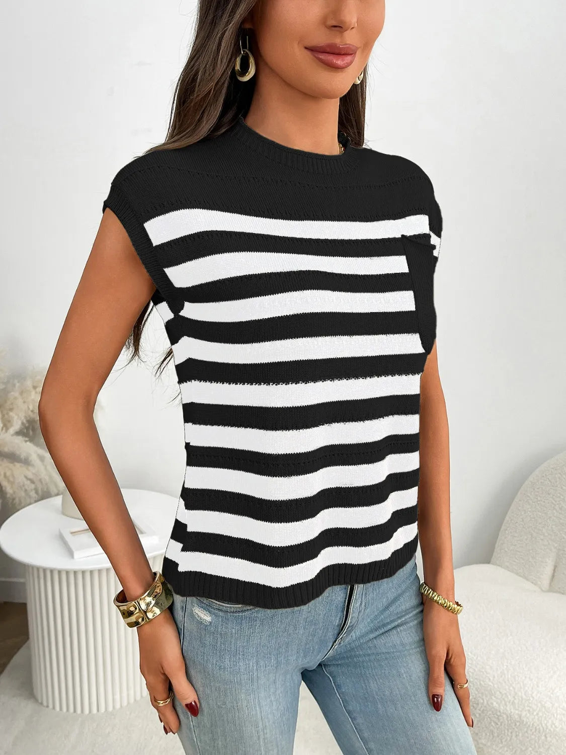 Striped Mock Neck Cap Sleeve Knit Top-Tops-Krush Kandy, Women's Online Fashion Boutique Located in Phoenix, Arizona (Scottsdale Area)