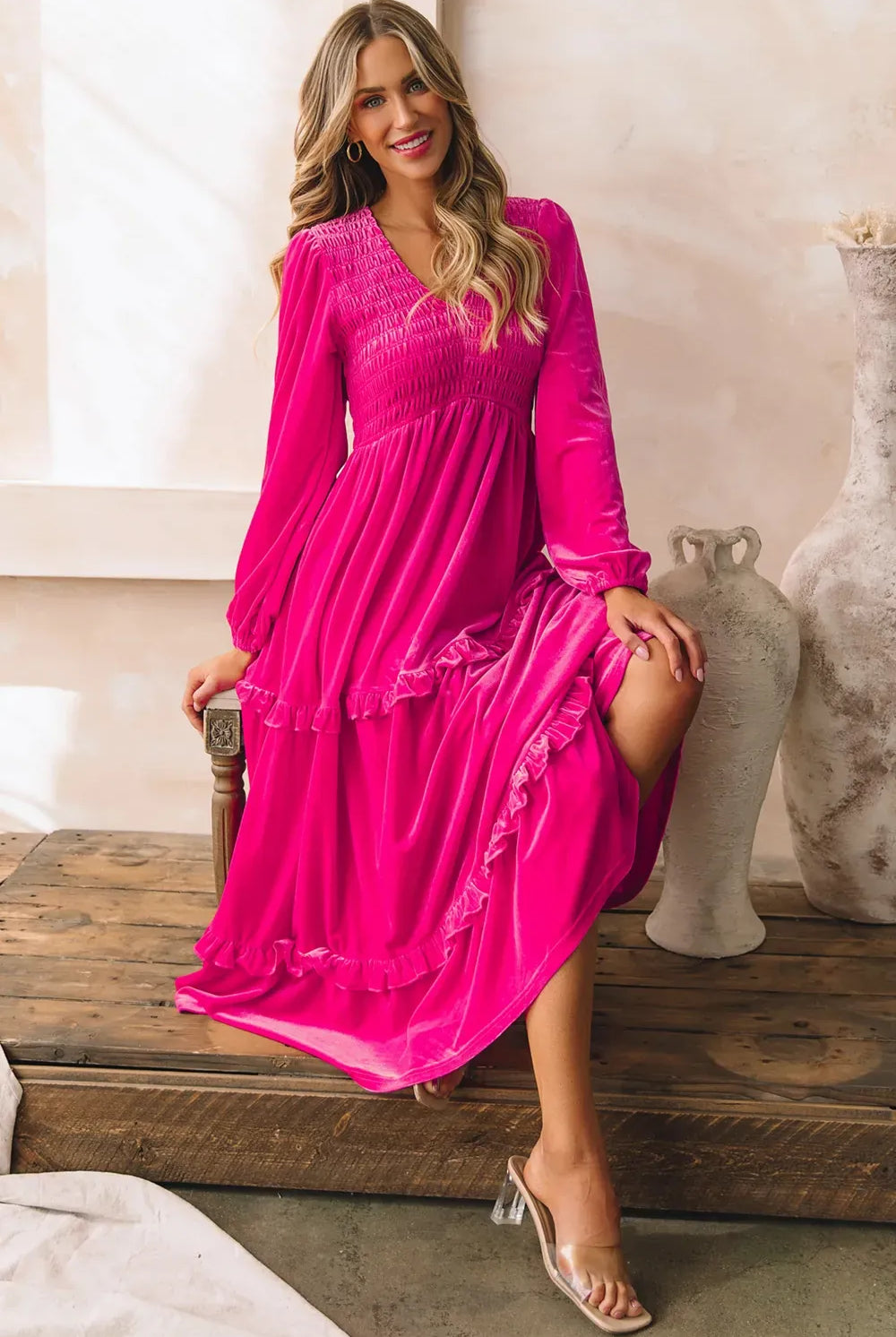 Frill V-Neck Balloon Sleeve Tiered Dress-Dresses-Krush Kandy, Women's Online Fashion Boutique Located in Phoenix, Arizona (Scottsdale Area)