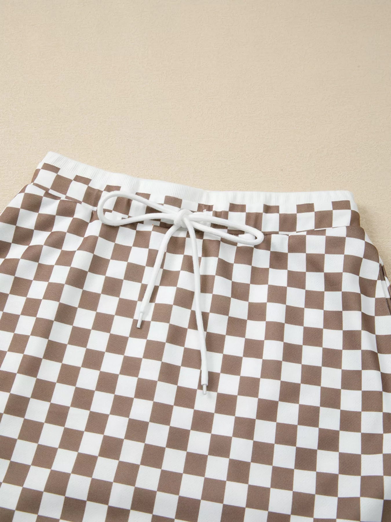 Checkered Print Polo Collar Cropped Long Sleeve Top and Drawstring Mini Skirt Set-2 Piece Outfit Sets-Krush Kandy, Women's Online Fashion Boutique Located in Phoenix, Arizona (Scottsdale Area)