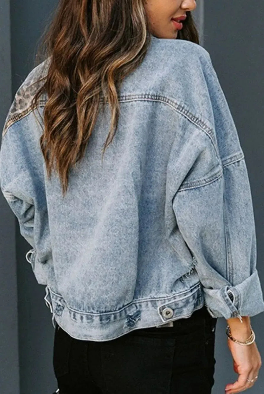 Distressed Leopard Drop Shoulder Denim Jacket-Jacket-Krush Kandy, Women's Online Fashion Boutique Located in Phoenix, Arizona (Scottsdale Area)